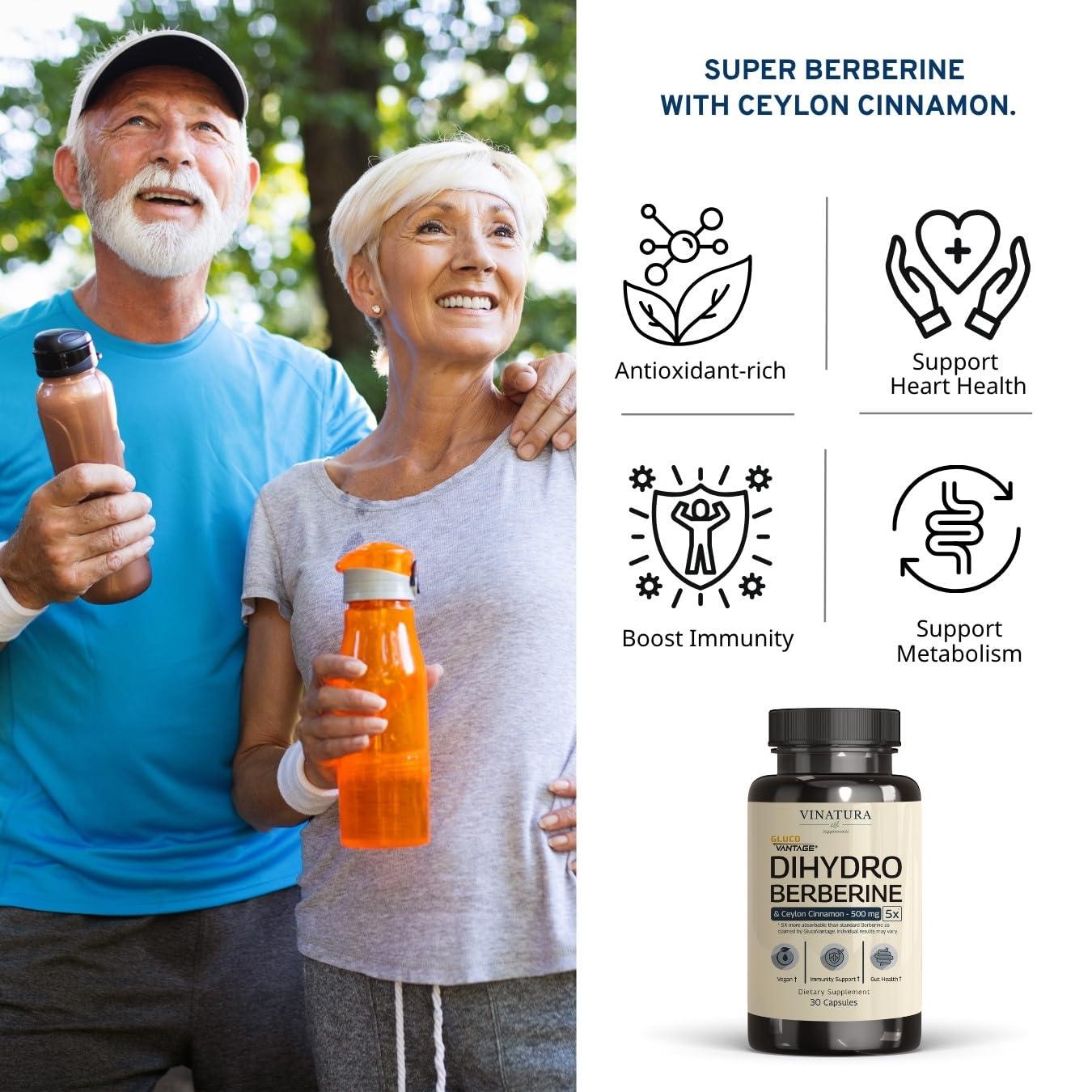 VINATURA VINATURA Dihydroberberine Supplement 500mg with Ceylon Cinnamon - (Patented GlucoVantage Super Berberine), Maybe Berberine 5X More absorbable - 30 Capsules