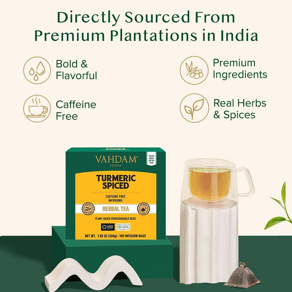 VAHDAM VAHDAM, Turmeric Spice Herbal Tea Bags (100 Pyramid Tea Bags) | Caffeine Free, Non GMO & Gluten Free | Turmeric Ginger Tisane with Cardamom, Cinnamon, Lemongrass & Black Pepper