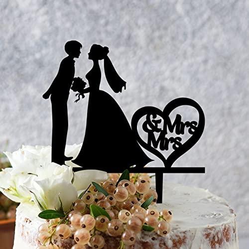 YJHLBHDIAN Two Brides Silhouette Wedding Cake Topper Mrs And Mrs Lesbians Cake Topper for Wedding Bride Couple Rustic Cake Topper Hers Engagement Cake Toppers Funny Custom LGBT Cake Topper Black Acrylic