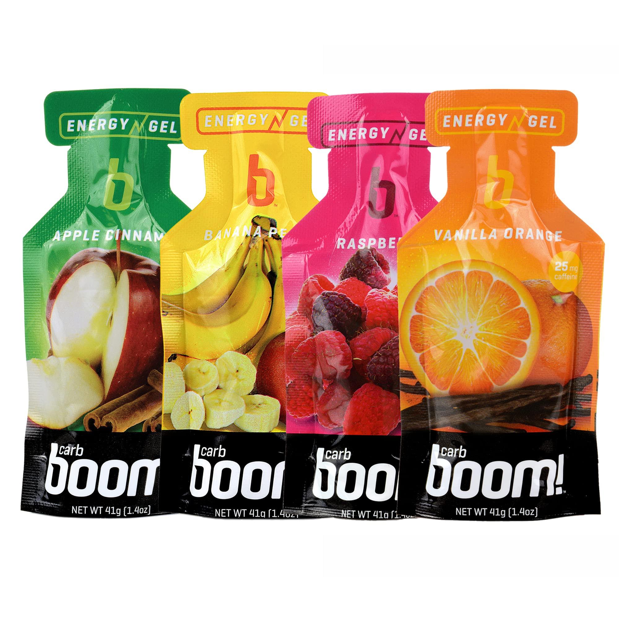 Carb Boom Boom Nutrition Carb Boom Energy Gels - Apple Cinnamon, Banana Peach, Raspberry, & Vanilla Orange Flavors (6 Each) - Natural Energy Gel for Cycling & Running - (Variety 24 Pack)