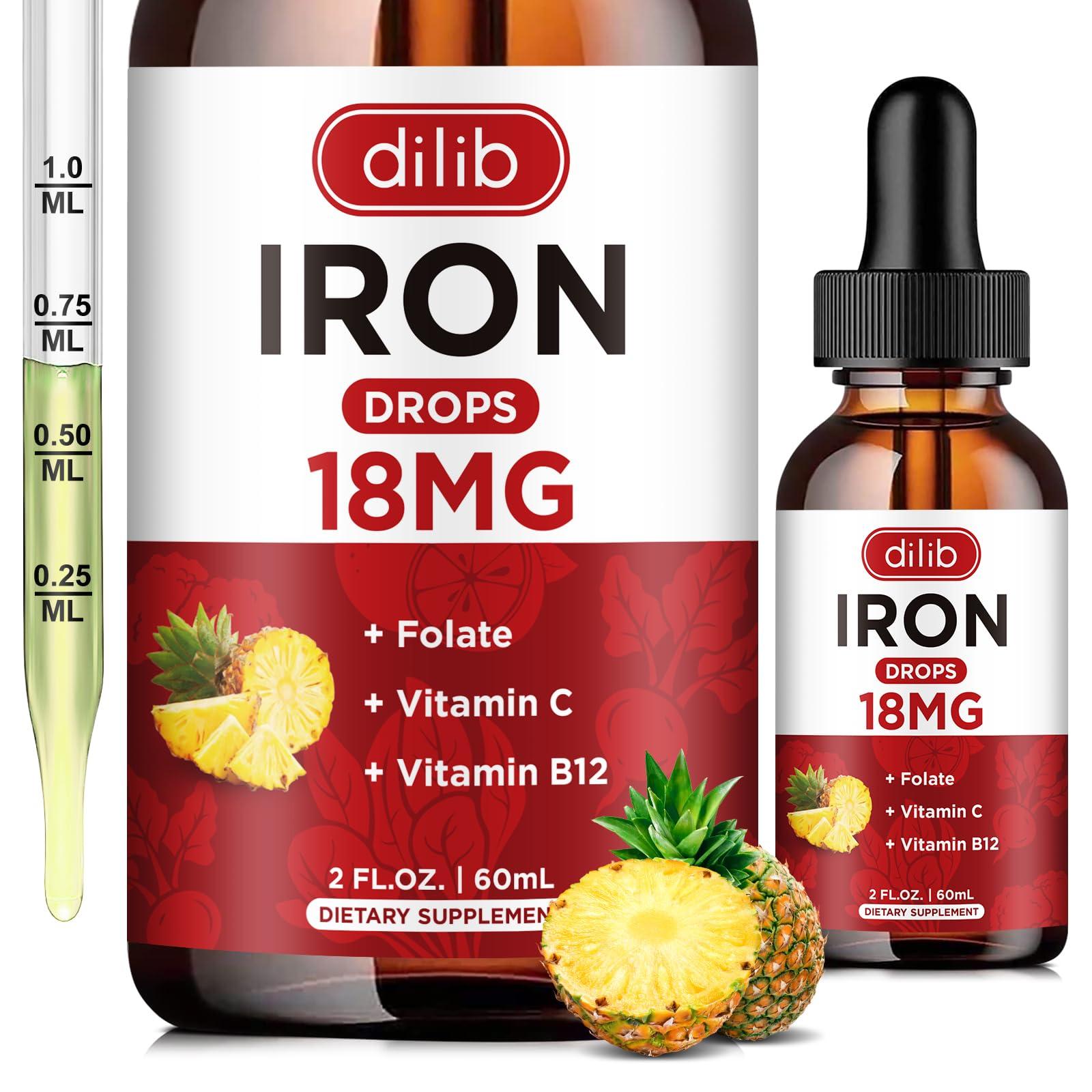 dilib Liquid Iron Supplement for Women & Men Iron Drops Iron Supplements for Anemia with Folate, Vitamin C, B12 for Red Blood Cell Support-Pineapple Flavor, 2 Fl Oz