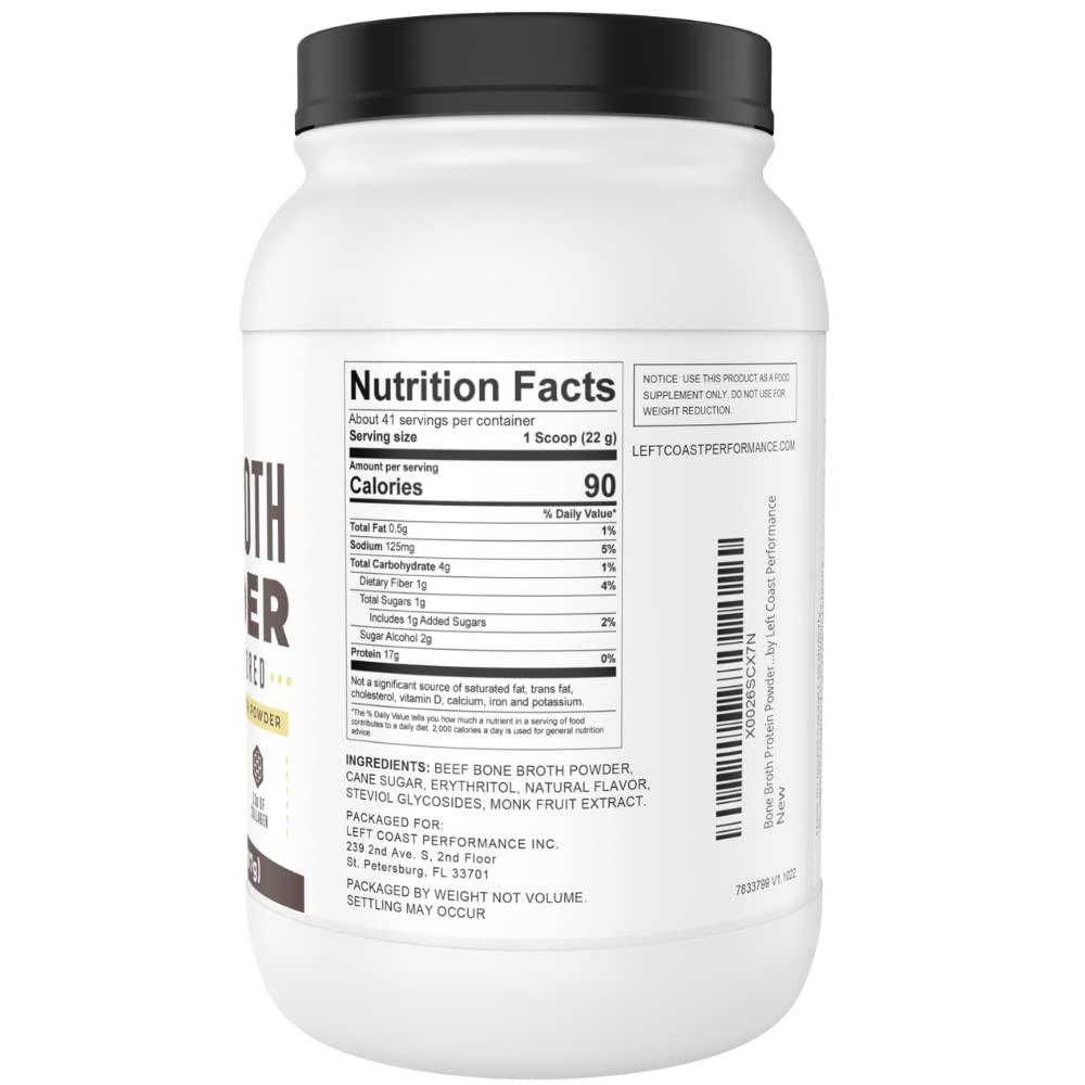 Left Coast Performance 32oz Vanilla Bone Broth Protein Powder From Grass Fed Beef - Non-GMO Ingredients, Gut-Friendly, Low Carb Dairy Free Protein Powder - Natural Collagen Source For Joint Support - Keto Friendly