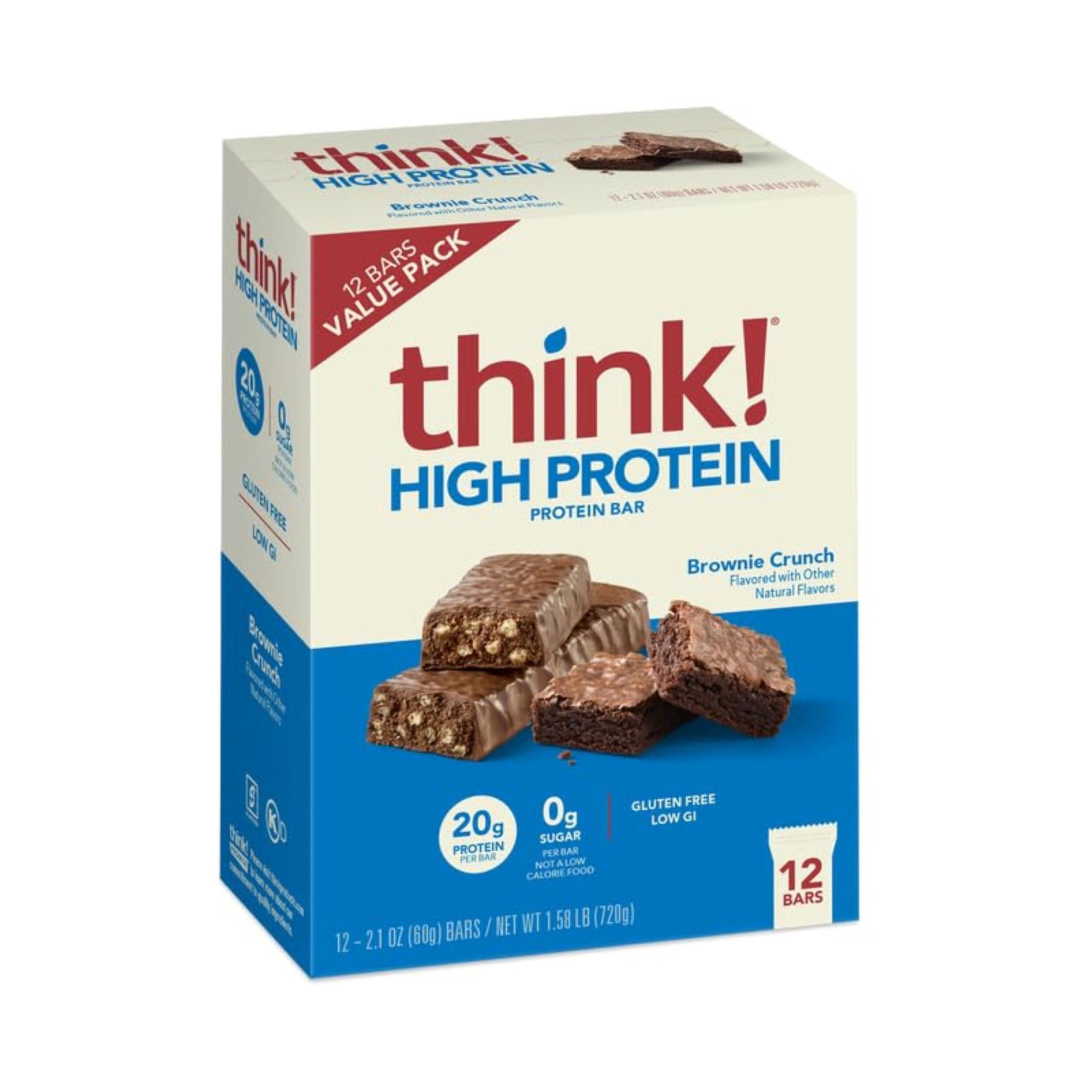 think! think! Protein Bars, High Protein Snacks, Gluten Free, Kosher Friendly, Brownie Crunch, Nutrition Bars, 2.1 Oz per Bar, 12 Count (Packaging May Vary)