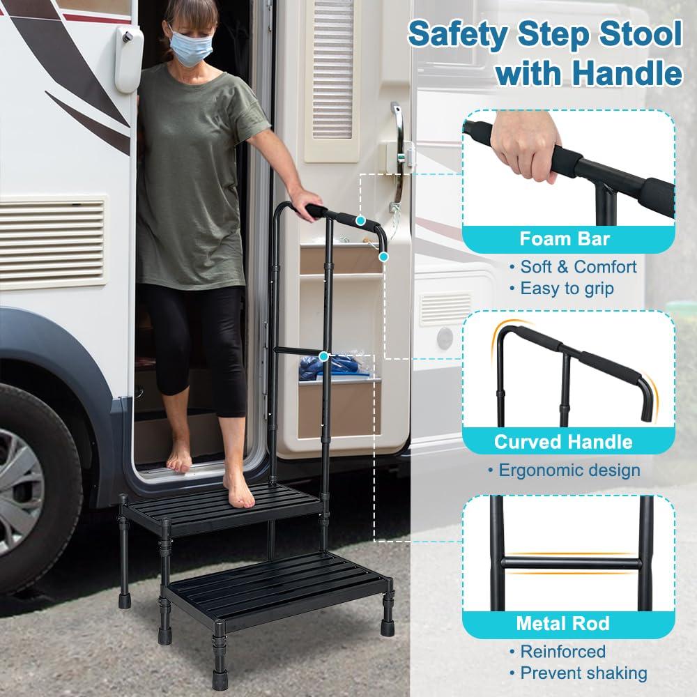 NEAUDE Medical Step Stool with Handle SUV Car Elderly Handicap Steps for RV Adjustable 2 Step Platform Camper Steps