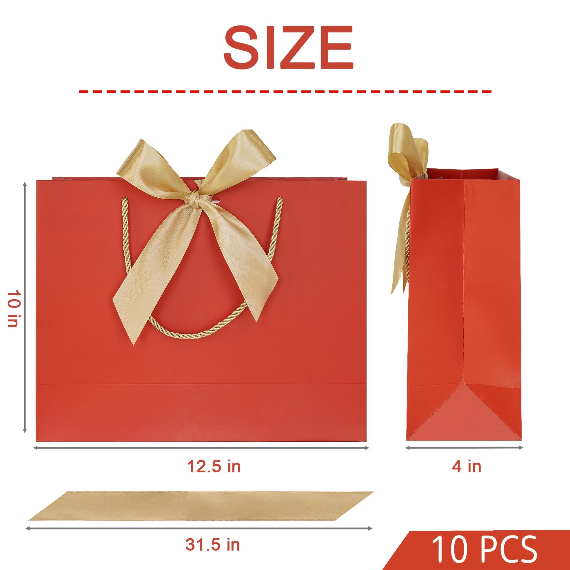 AZOWA AZOWA Red Gift Bags with Handle 10 Pcs Bow Ribbon Paper Bags for Wedding Baby Shower Birthday Party Guests Shopping (Red, 12.5 x 10 x 4 in)