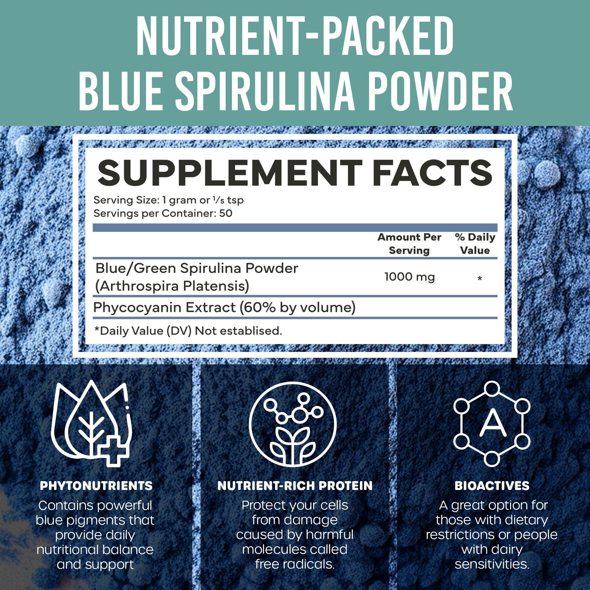 Holistic Bin HOLISTIC BIN Blue Spirulina Powder - Organic Blue-Green Algae Supplement, Rich Source of Vegan Protein, Vitamins, & Phytonutrients, Ideal for Smoothies, Baked Goods, & Natural Food Coloring - 50 Grams