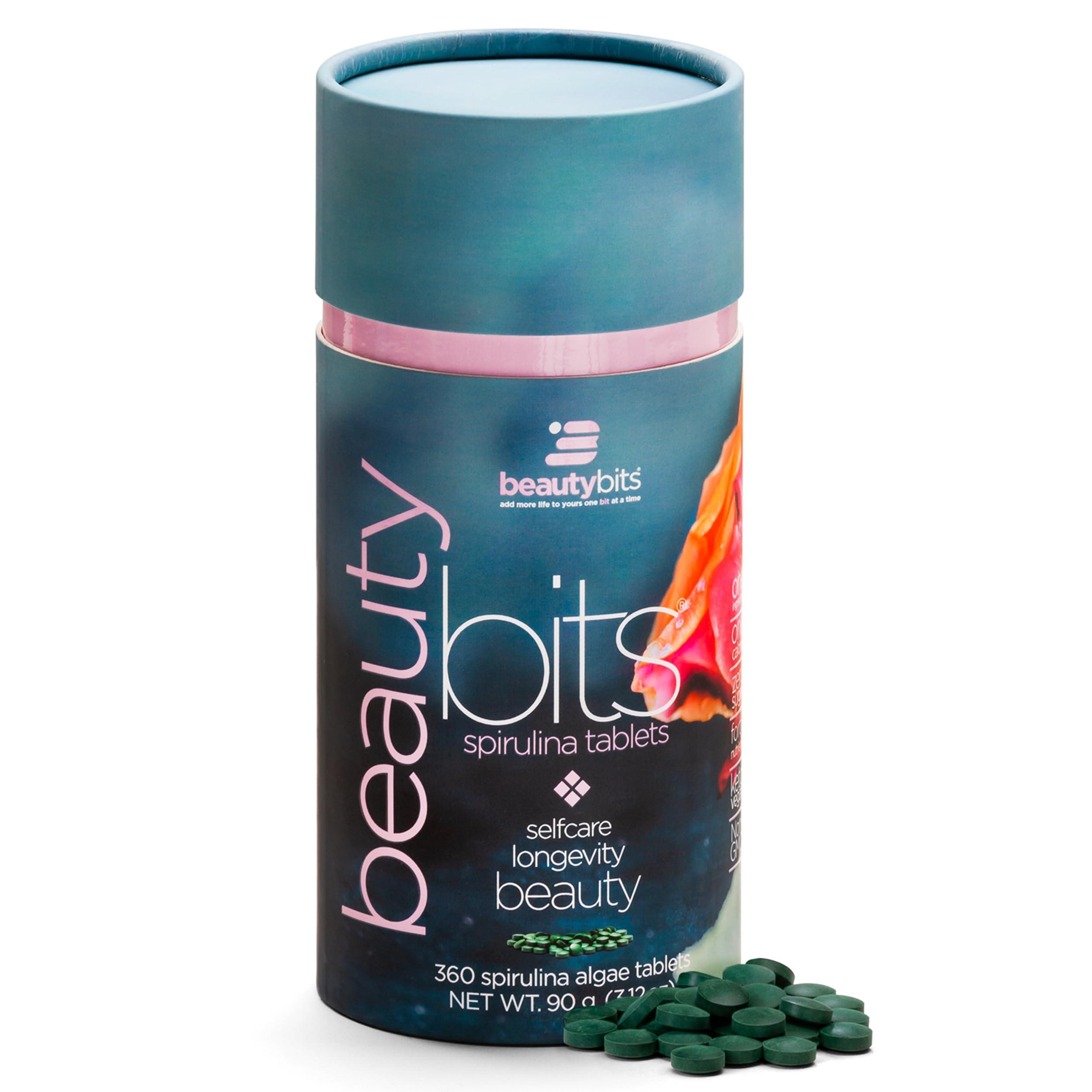 ENERGYBITS BEAUTYbits - Organic Spirulina Tablets - Algae Superfood - Collagen, Protein, Chlorophyll - Hair, Nails, & Skin Care - Vegan, Keto, Gluten Free - Self Care - Skincare Beauty Gifts - 360 Tablet Can