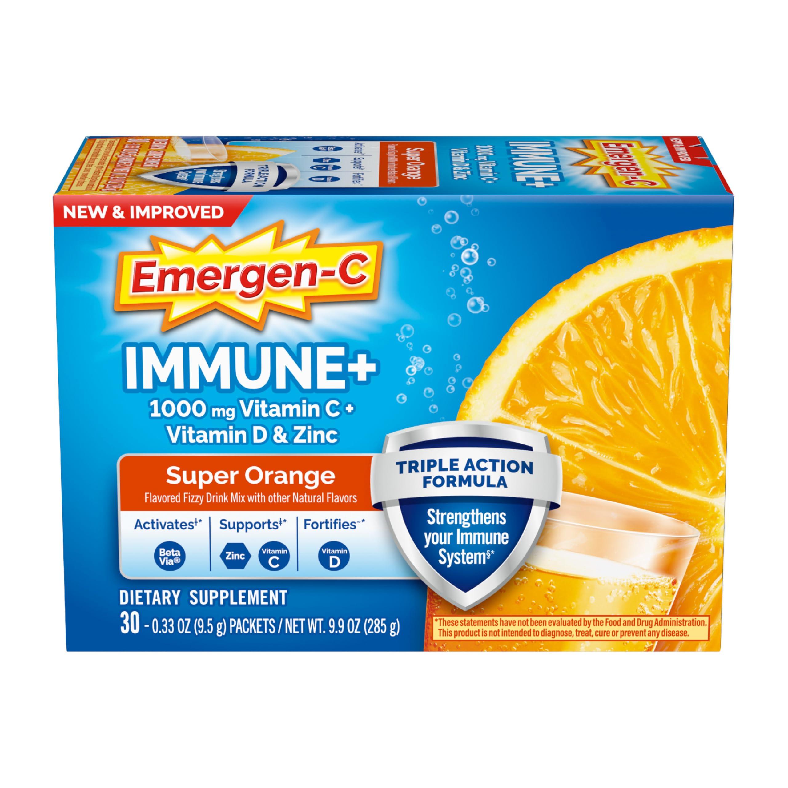 Emergen-C Emergen-C Immune+ Triple Action Immune Support Powder, BetaVia (R), 1000mg Vitamin C, B Vitamins, Vitamin D and Antioxidants, Super Orange 30 Count (Pack of 1)
