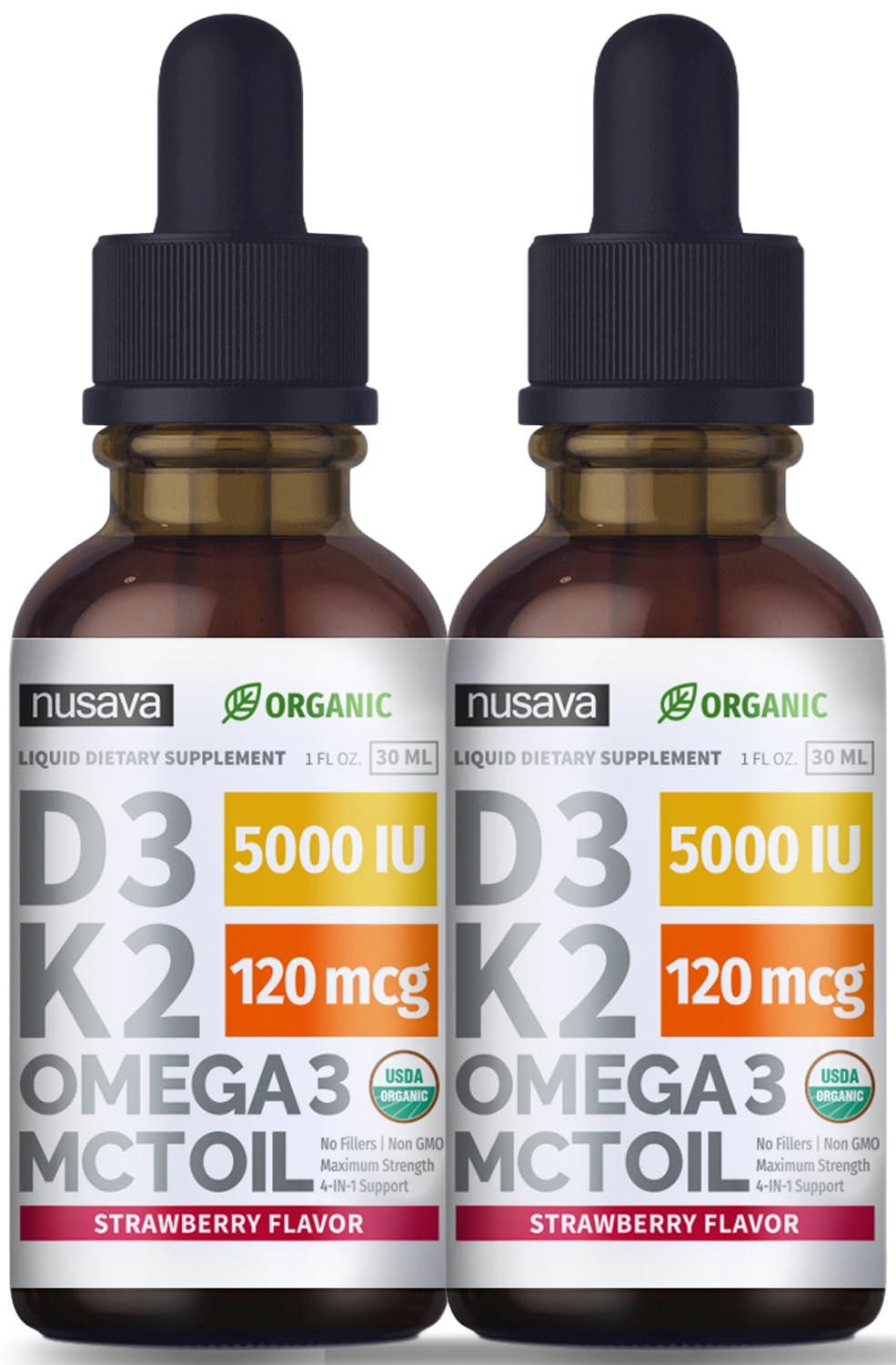 NUSAVA (2 Pack) Organic Vitamin D3 K2 Drops 5000 IU with MCT Oil Omega 3 - Maximum Strength Liquid D3 with No Fillers, Non-GMO for Faster Absorption, Immune Support (Strawberry, 2 Fl Oz)