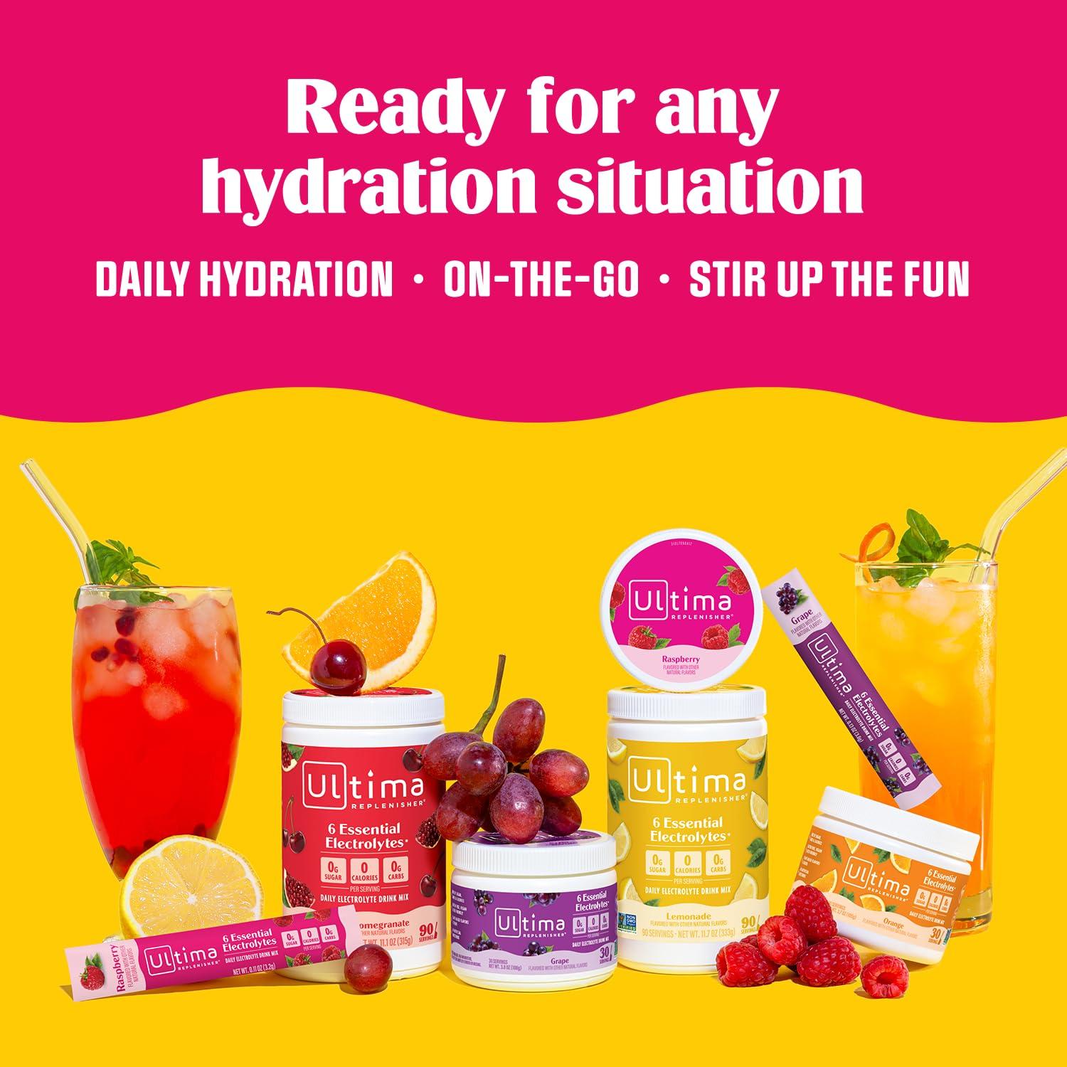 Ultima Replenisher Ultima Replenisher Electrolyte Powder Drink Mix Bundle  Rasberry, 30 Serving Canister and 20 Stickpacks  6 Electrolytes and Minerals  Keto Friendly, Vegan, Non-GMO and Sugar-Free