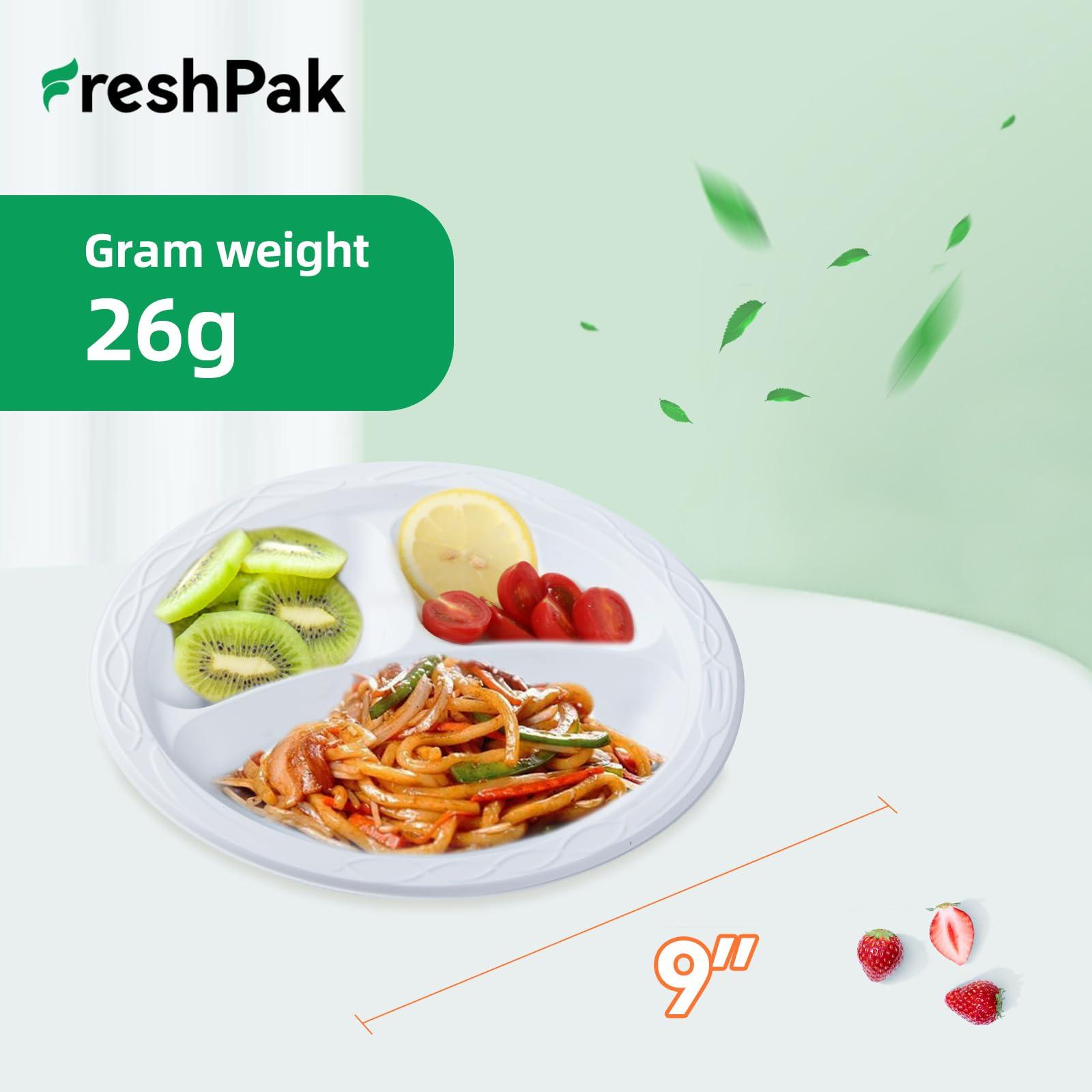 FRESHPAK FRESHPAK White Plastic Plates, Reusable 9 Inch 3 Compartment Dinner Plates Heavy Duty Microwave Safe Plates Convenience Elegance MFPP Party Plates