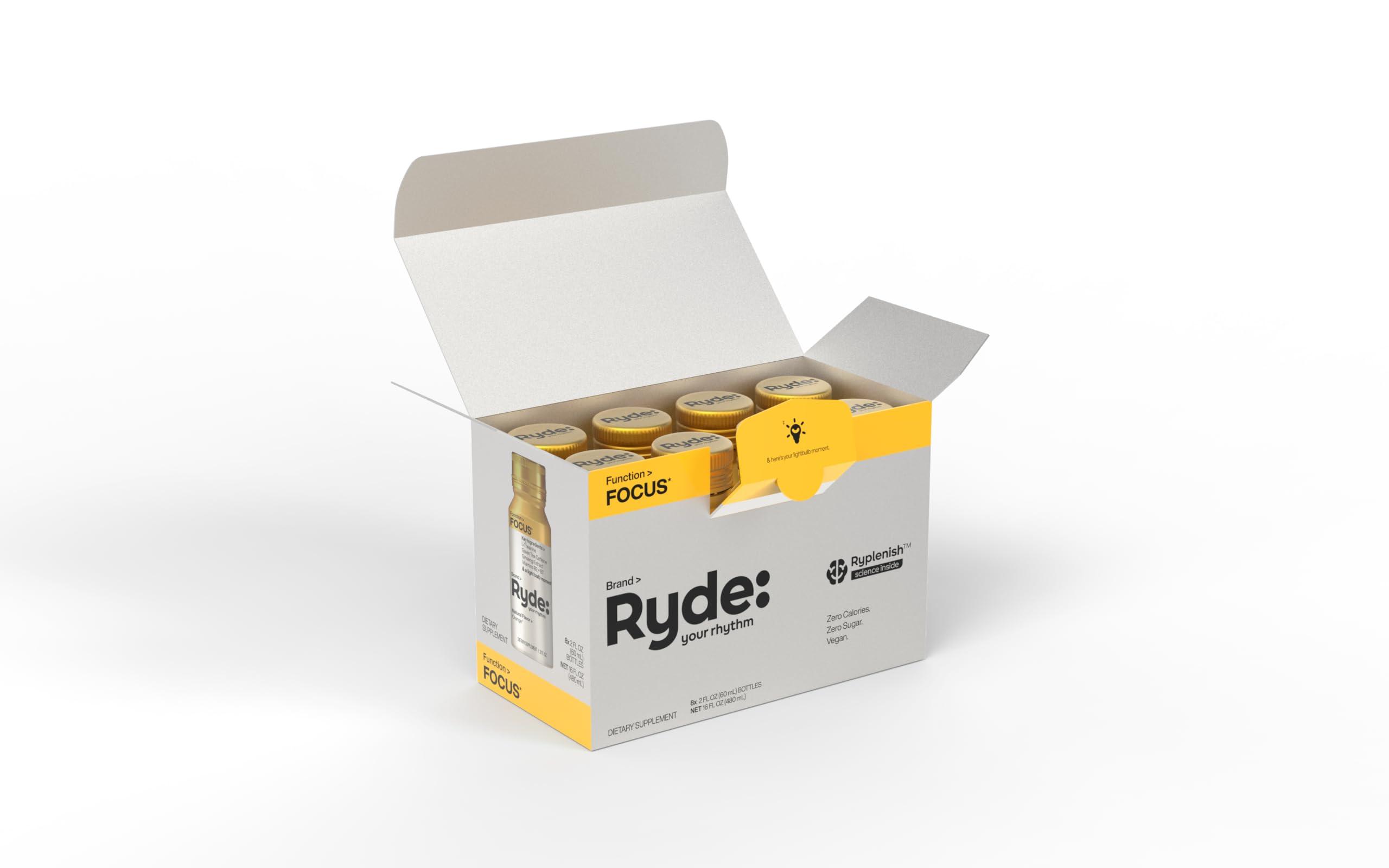 RYDE Ryde: Focus Shot | Orange Flavor | L-Theanine & Ginseng | Green Tea Caffeine | Vitamins B2 & B7 | 0 Calories, 0 Sugar | 2 FL OZ Shots | Supports Focus* (8 Pack)
