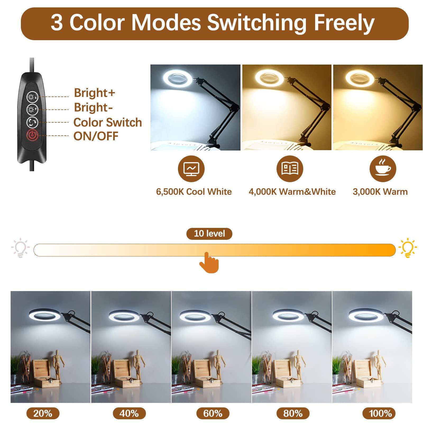 VUEJIC 10X Lighted Magnifying Glass Lamp with 3 Color Modes, 72 LEDs and Real Glass Lens - For Close Work, Repair, Reading, Crafts