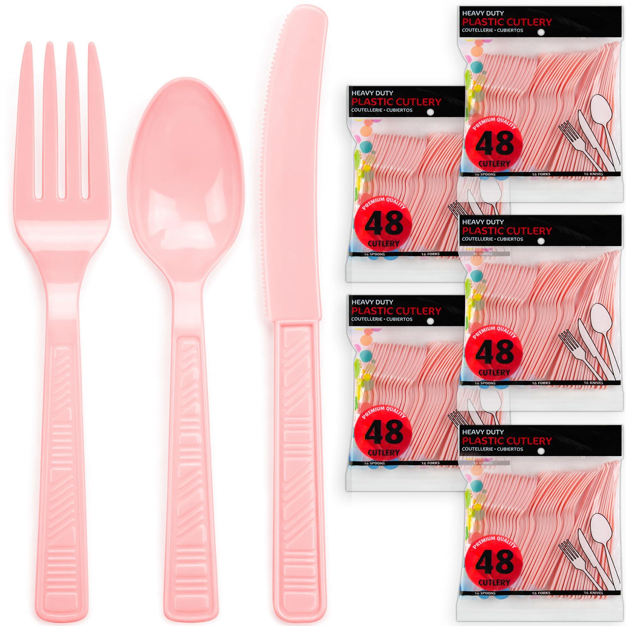 DecorRack DecorRack Plastic Cutlery Set, Light Pink Plastic Silverware Sets for Parties, 240 Piece Bulk Heavy Duty Plastic Utensils Set (Light Pink, 240 Pieces)