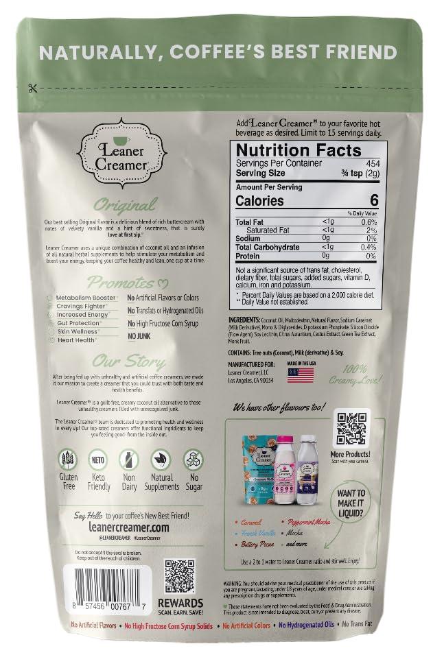 Leaner Creamer Leaner Creamer Natural Powdered Coffee Creamer, Coconut Oil Non-Dairy Powder to Naturally Cream and Sweeten Coffee for Smoothies, Vegan, Keto, Gluten-Free, Sugar-Free - Original Coffee Creamer - 32oz