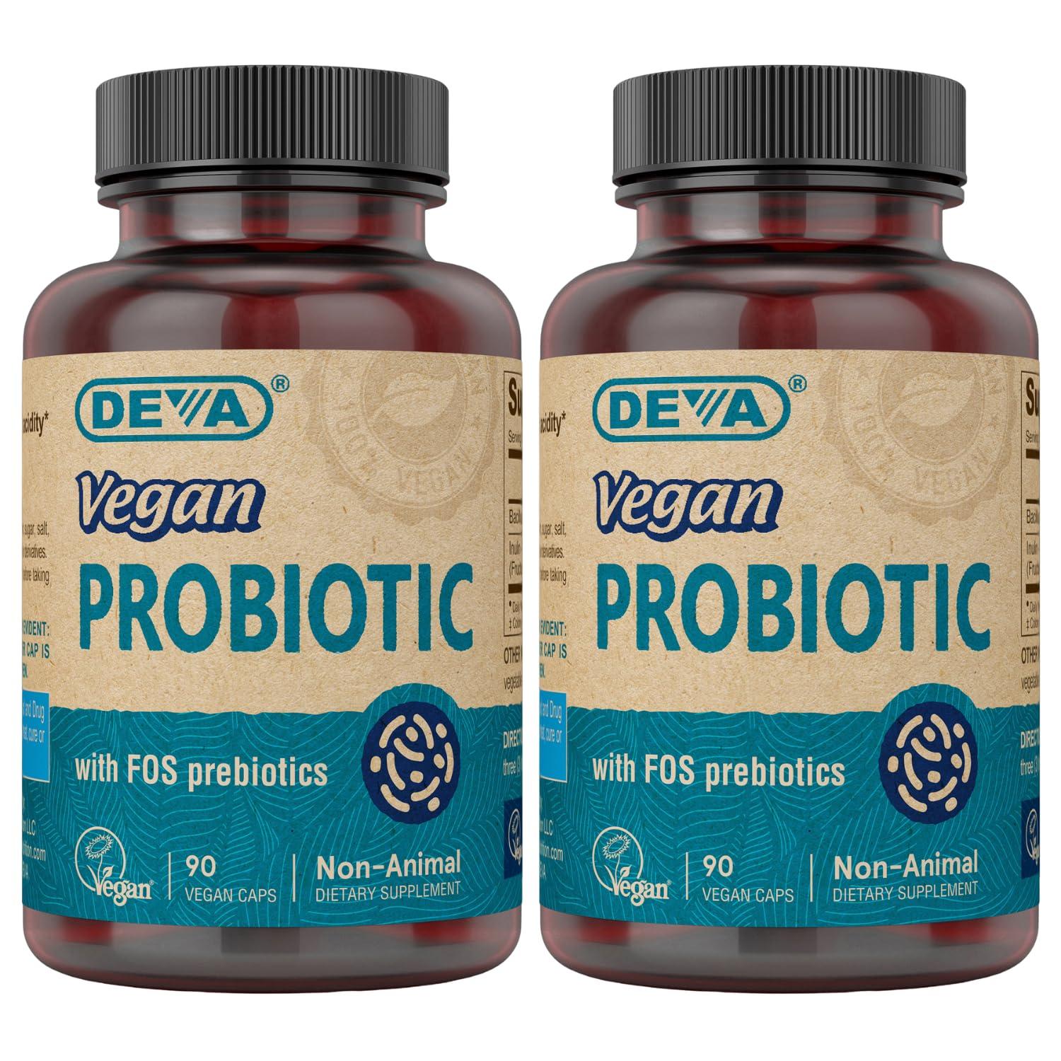 DEVA DEVA Vegan Probiotic with FOS Prebiotics Supplement - 2 Billion CFU with 100 MG of Prebiotics Per Serving for Men & Women - Non-Dairy Gluten Free - Naturally Shelf Stable - 90 Capsules (Pack of 2)