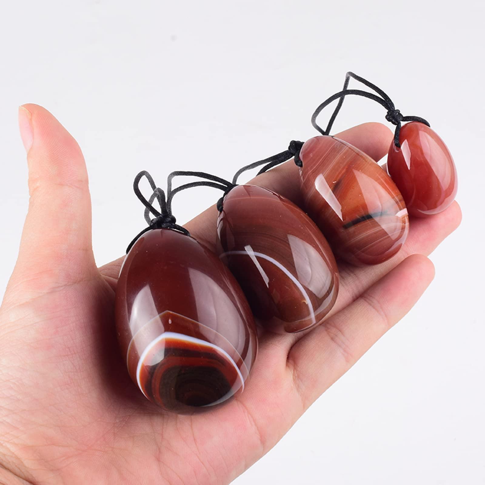 MiZuh Yoni Egg Set Drill Natural Red Agate Yoni Egg Big 4 Pcs Set Crystal Massage Ball Women Kegel Exercise,40x25 Mm