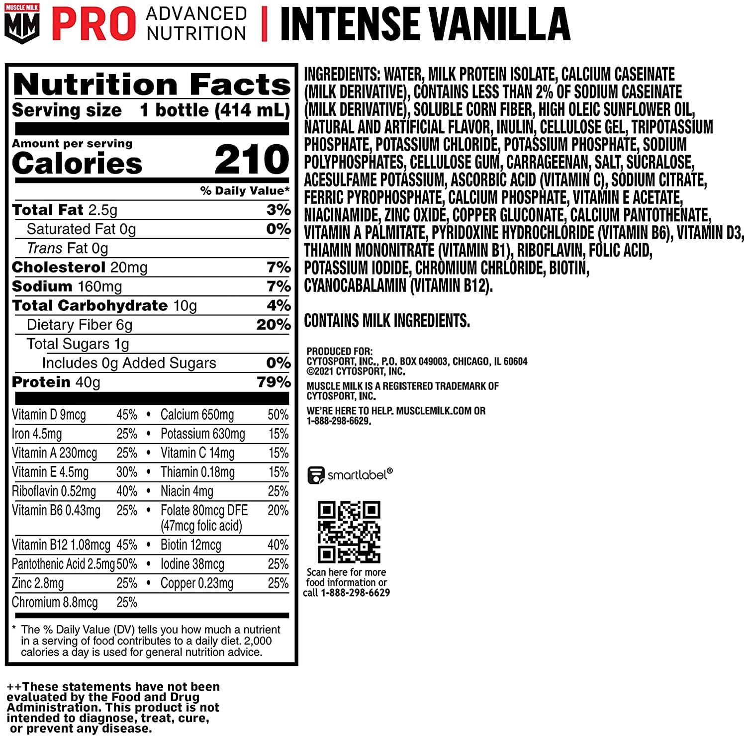 Muscle Milk Muscle Milk Pro Advanced Nutrition Protein Shake, Intense Vanilla, 14 Fl Oz Bottle, 12 Pack, 40g Protein, 1g Sugar, 16 Vitamins & Minerals, 6g Fiber, Workout Recovery, Packaging May Vary