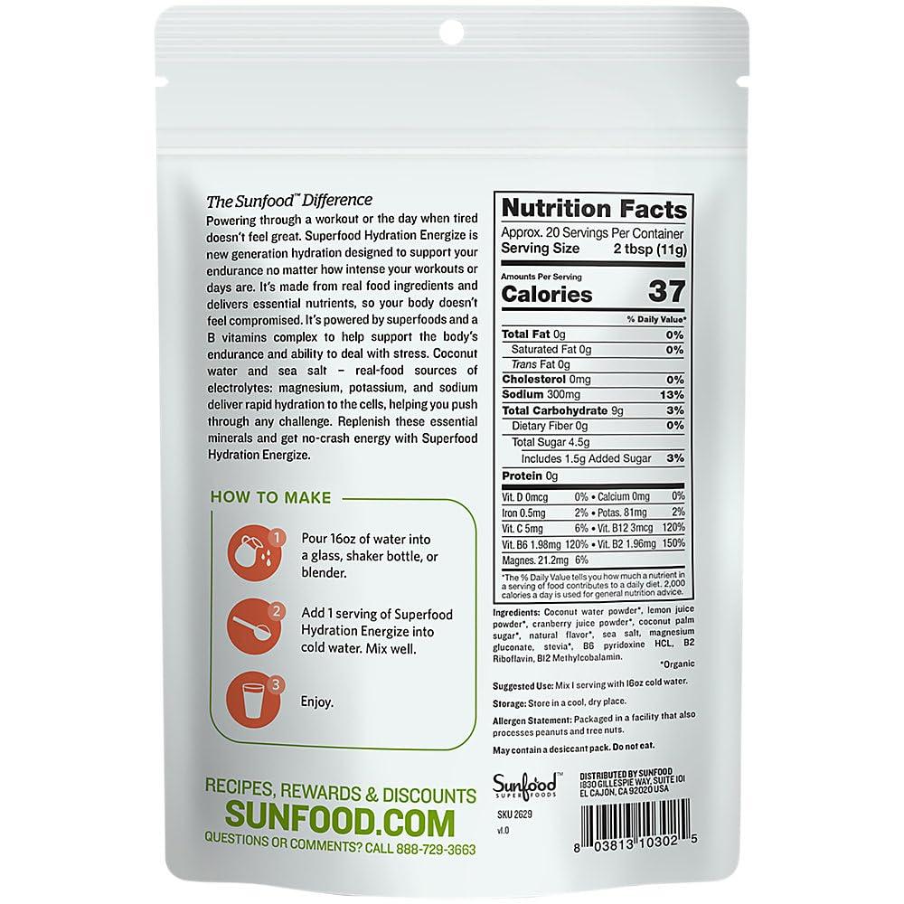 Sunfood Superfoods Organic Superfood Hydration & Energize Powder with Electrolytes & B Complex - Cran-Raspberry (8 Oz. / 20 Servings)