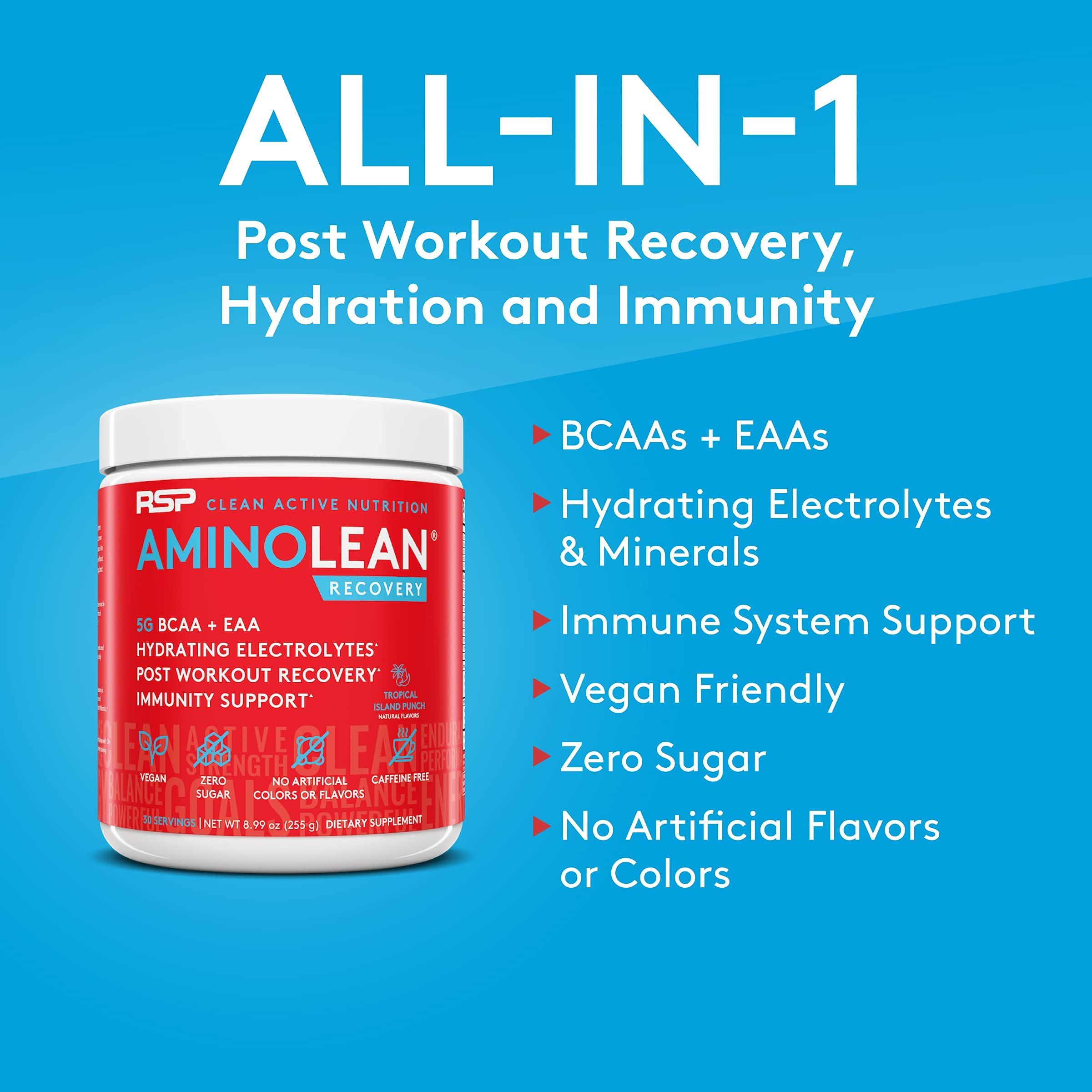 RSP NUTRITION RSP NUTRITION AminoLean Pre Workout Energy (Pink Lemonade 30 Servings) with AminoLean Recovery Post Workout Boost (Tropical Island Punch 30 Servings)