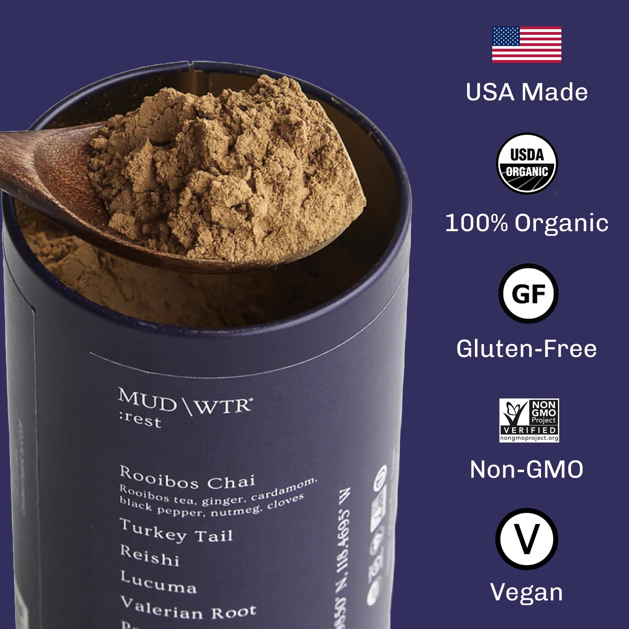 MUD\\WTR MUDWTR Rest (30 servings) - Organic Mushroom Evening Roobios Tea - Relaxation, Wind Down, Sleep Quality - Vegan, Gluten Free, Non-GMO, Whole30
