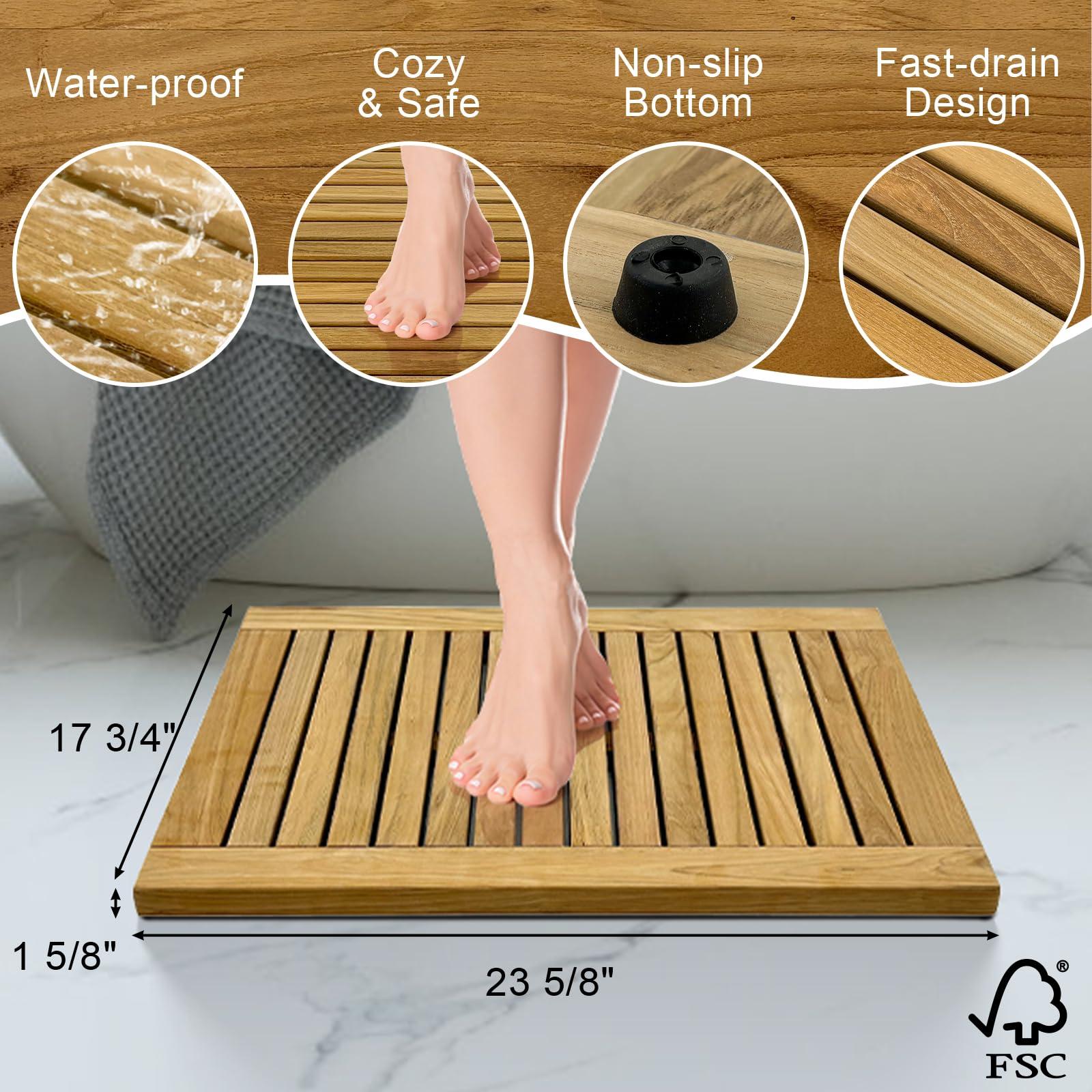 StrongTek StrongTek Teak Shower Mat, 23.6\" x 17.8\" x 1.6\", Wooden Bath Mat, Water-Resistant and Durable, Easy-to-Clean Teak Floor Mat for Safety, Ideal for Bathrooms, Saunas, Spas, Showers, and Outdoor Use