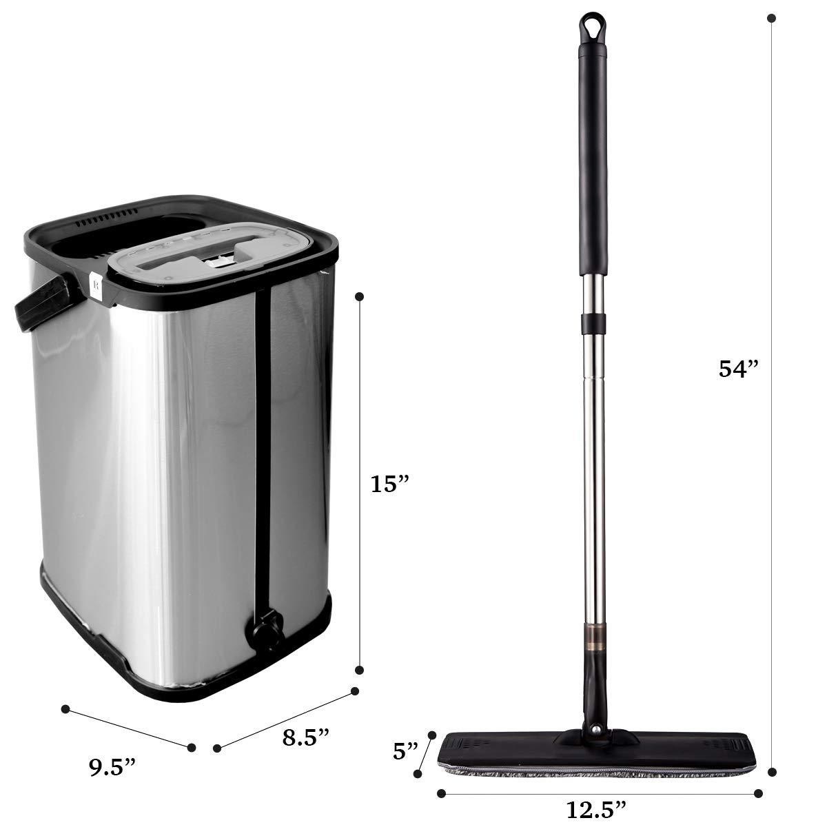 Rhodium Floors Black Flat Floor Mop and Bucket Set, Stainless Steel Bucket and Telescopic Handle, 2 Washable Mop Pads, Professional Home and Office Cleaner for All Types of Floors, Hardwood, Laminate, Tile