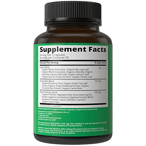 Peak Performance Coffee Organic Super Greens 150 Capsules - Green Juice Superfood Supplement with 25 All Natural Organic Ingredients. Max Energy and Detox Super Food Pills with Spirulina, Spinach, Kale, Turmeric, Probiotics