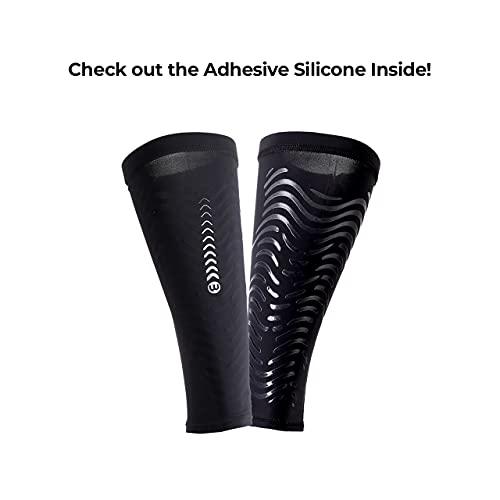 wavewear wavewear Calf Compression Sleeve with Built-in Kinesiology Tape - Support for Leg Swelling and Cramping during Workouts and Sports - for Men and Women (L, Black/Silver, 2)