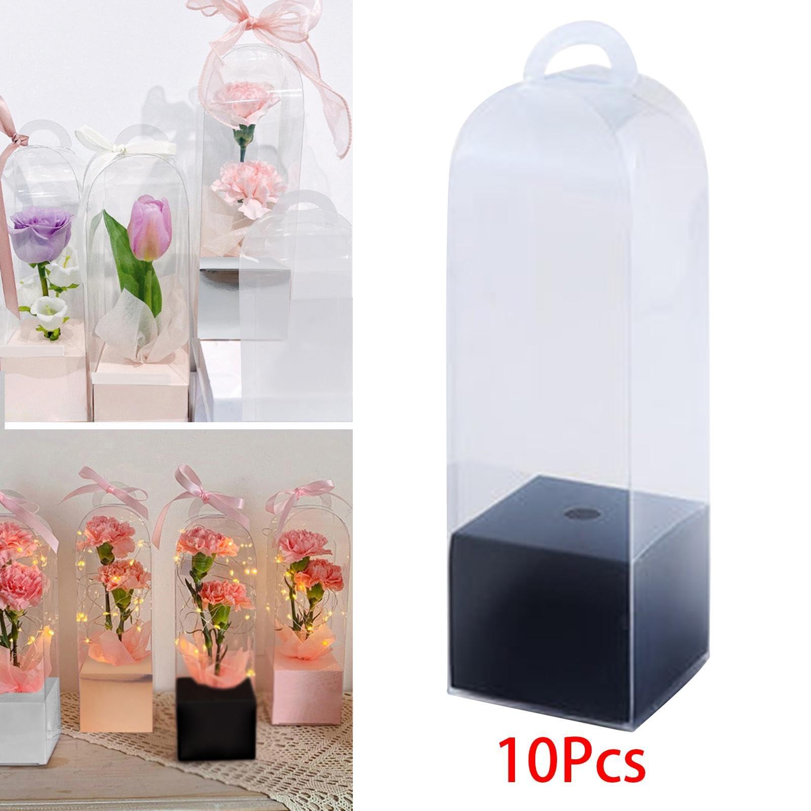 B Baosity 10 Pieces Flower Gift Boxes Single Rose Flower Box Empty with Handle Transparent Reusable Gift Bags Bag Flower Packaging Box for Anniversary, Black