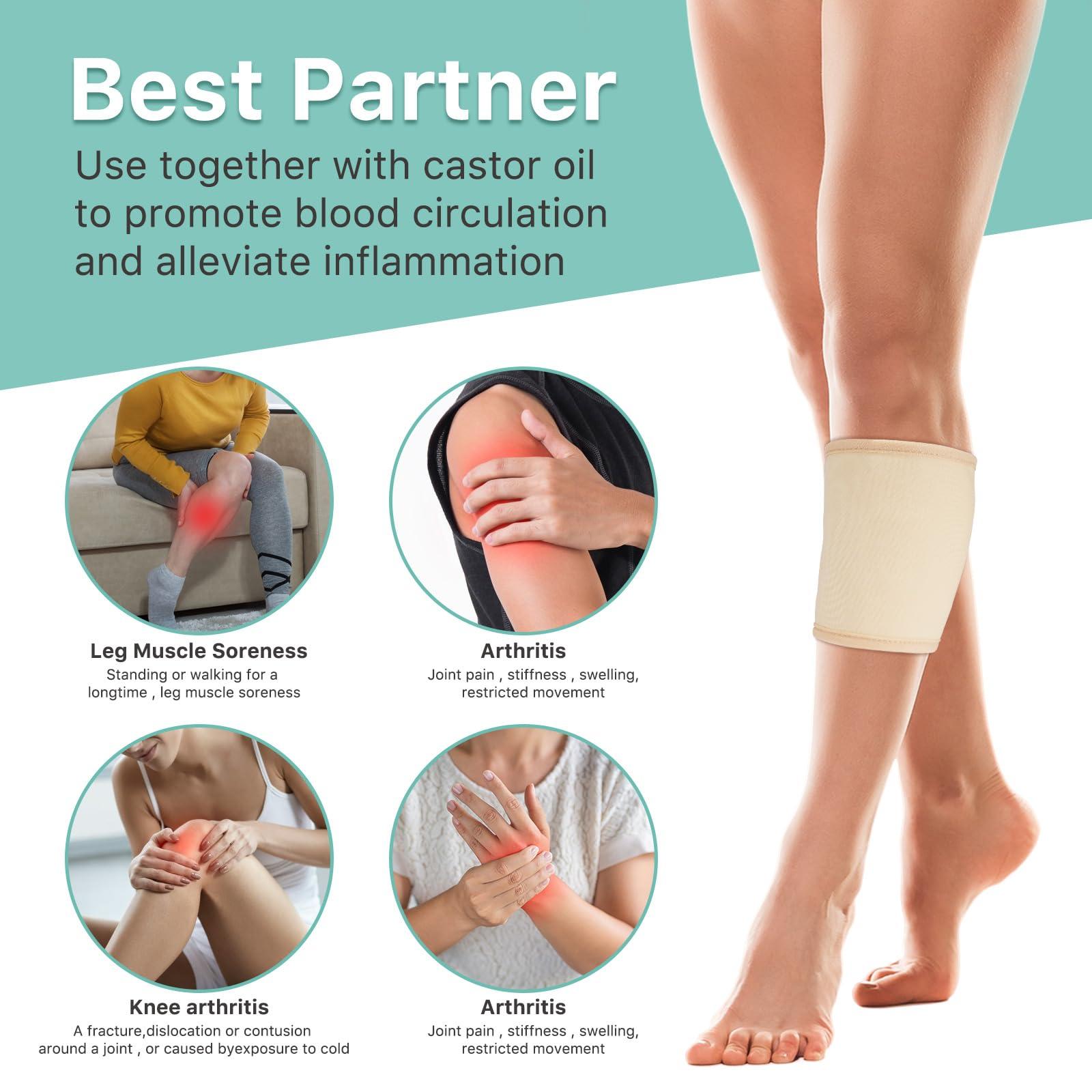 RTBYUE 3 in 1 Castor Oil Pack Wrap for Legs & Hands, Castor Oil Packs for Liver, Thyroid Breasts Knee, Reusable Anti Oil Leak Organic Castor Oil Compress Kit for Neck, Calf, Inflammation (Knee)