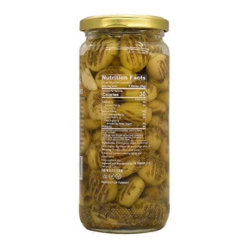 Emirelli San Francisco Emirelli Grilled and Pitted Green Olive – Delicious Premium Hand-Picked Turkish Olives Filled Marinated in Fresh Spices, Preserved (Grilled Olives, 6 Pack)