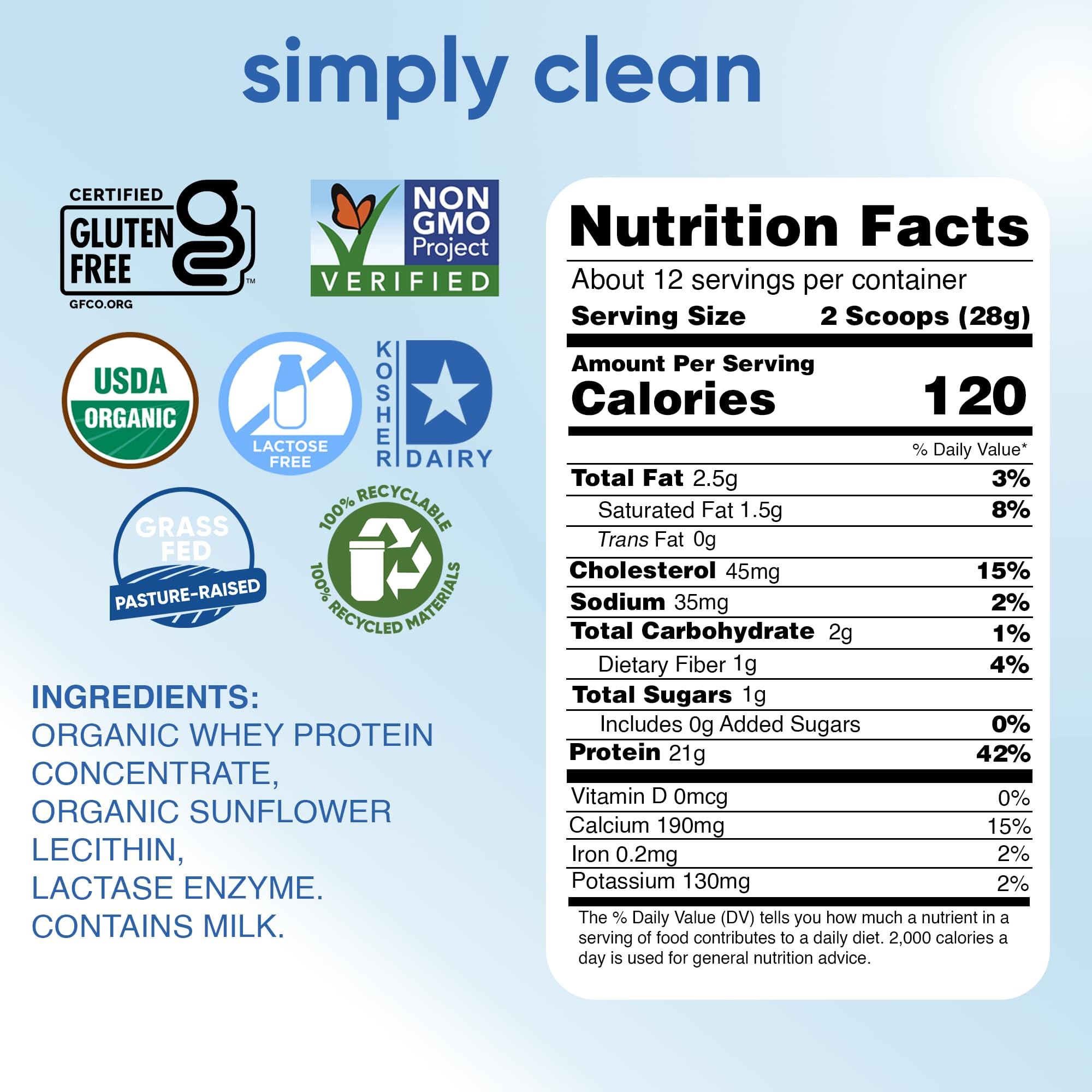 teraswhey Simply tera\'s Lactose Free Organic Whey Protein - Unflavored Protein Powder, Plain Tasteless Protein Powder with 21g of Protein Per Serving, Non-GMO, Gluten-Free, rBGH-Free, Kosher, Organic - 12 Oz