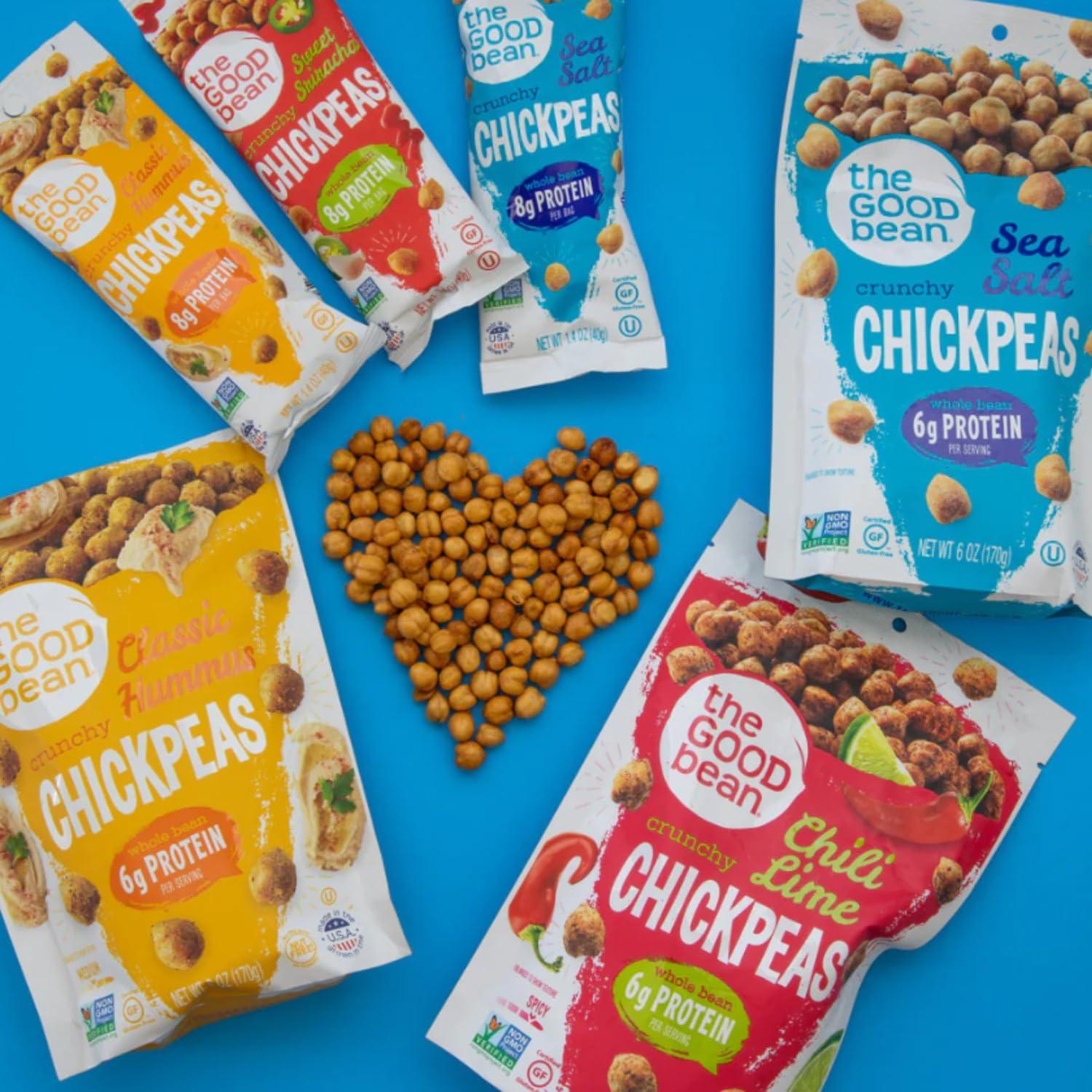 The Good Bean The Good Bean Crunchy Chickpeas - Variety Pack - (6 Pack) 6 oz - Sea Salt, Chili Lime, Sweet Sriracha, and Classic Hummus Roasted Chickpea Beans - Vegan Snack - Good Source of Plant Protein and Fiber