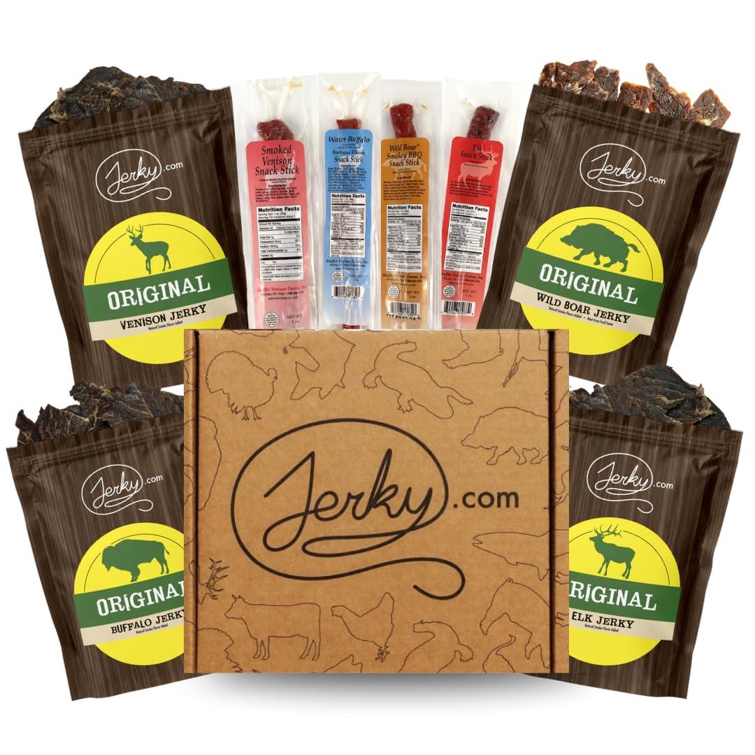 Jerky.com Exotic Jerky Gift Box for Men - 8 Piece Exotic Jerky & Meat Sticks Gift Set - Healthy Exotic Jerky Gift Box Includes Venison, Elk, Buffalo, and Wild Boar Jerky and Meat Sticks - Great Gifts For Men