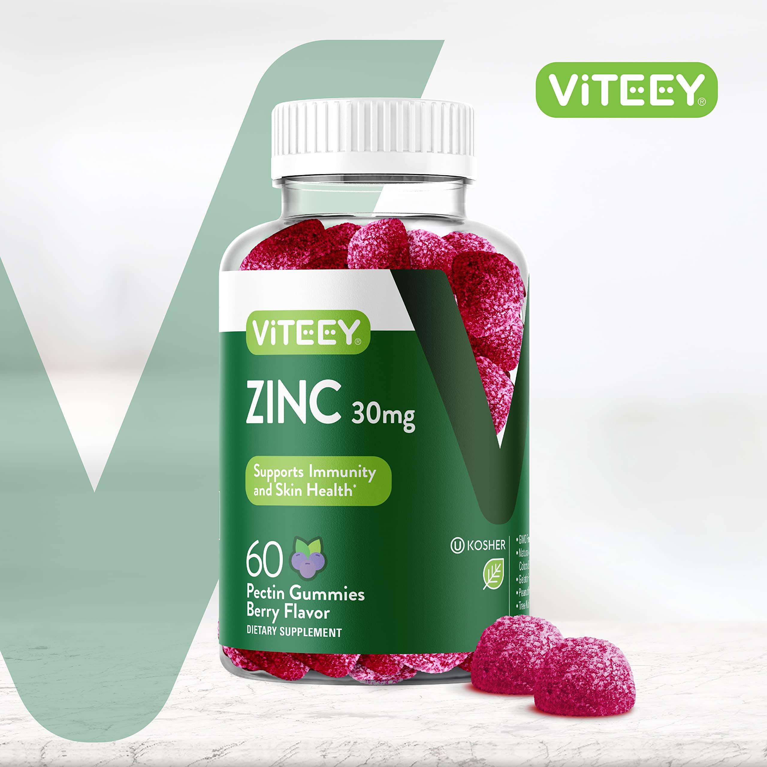 Viteey Zinc Gummies Adult & Teens - 30mg - Immune Health Support & Antioxidant Support - Vitamin Zinc Supplement - Vegan, Gelatin Free, GMO Free - Tasty Chewable Berry Flavored Gummy