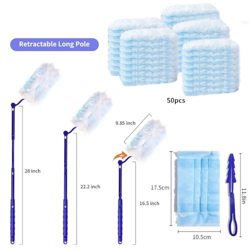 Setoolly 50 Packs Duster Refill for Swiffer Duster, Multi Surface Feather Dusters Kit with 2 Handle, Heavy Duty Duster Refills, Multi Surface 360 Duster Refills