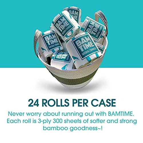BAMTIME Toilet Paper, 100% 3ply Bamboo Toilet Paper, 24 Rolls, 300 sheets, 7200 Count, pack of 24, plastic free, Tree free, Biodegradable