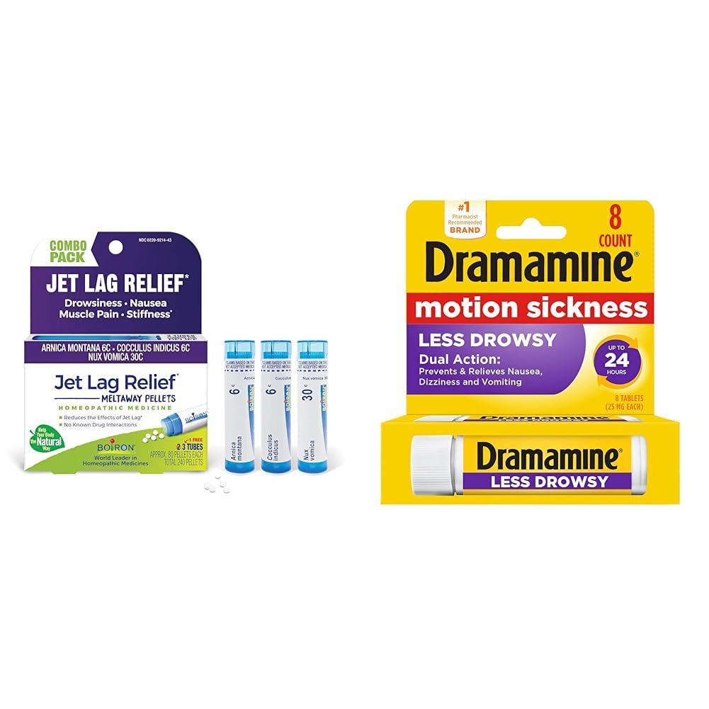 Boiron Boiron Jet Lag Relief Kit (240 Pellets) and Dramamine Motion Sickness Relief Less Drowsey Formula, 8 Count Travel Bundle