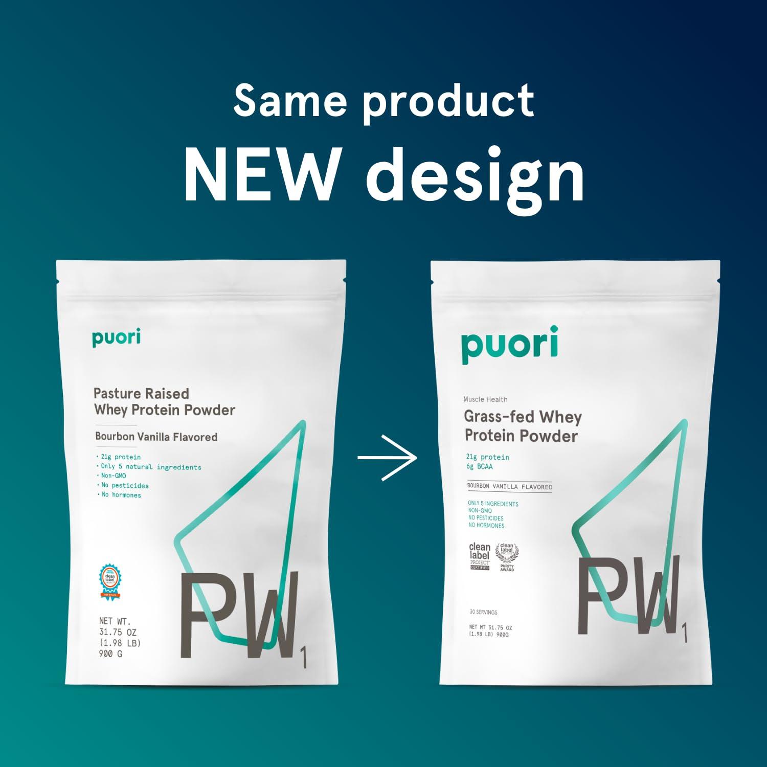 Puori Puori Whey Protein Powder - Bourbon Vanilla - PW1 Pasture Raised, Grass-Fed & Non-GMO - 100% Natural and Pure for Muscle Growth - 21g Protein 1.98lbs - Gluten-Free