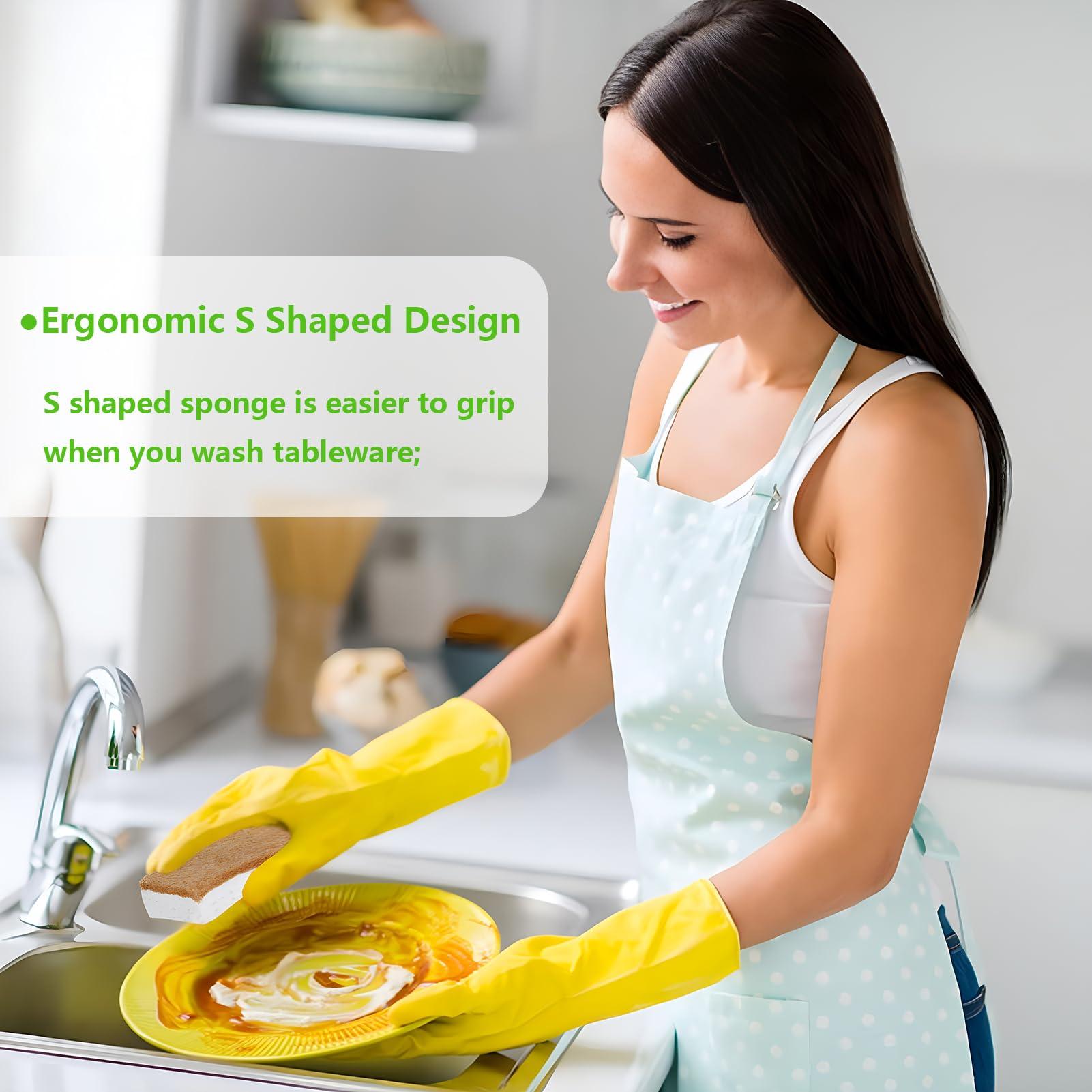 HileSwan 2 Pack Dish Brush with Handle, Dish Cleaning Brushes with Built-in Scraper, and 12 Pack Kitchen Sponges, Natural Dish Scrub Sponge, Non-Scratch Scrubber,