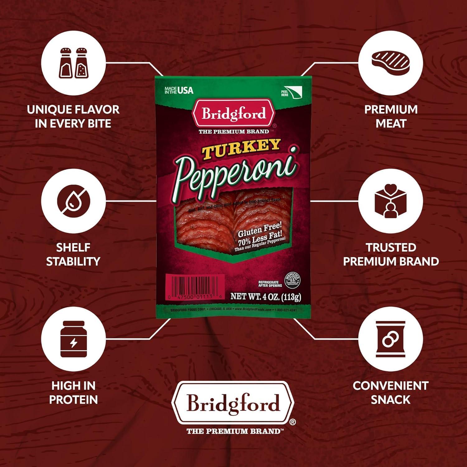 Bridgford Bridgford Sliced Turkey Pepperoni 4 oz Pack of 4 - Pepperoni Slices for Pizza and Sandwiches - Naturally Smoked Turkey Pepperoni for Low-Carb Keto Diets - Healthy Pepperoni Alternative for Snacking