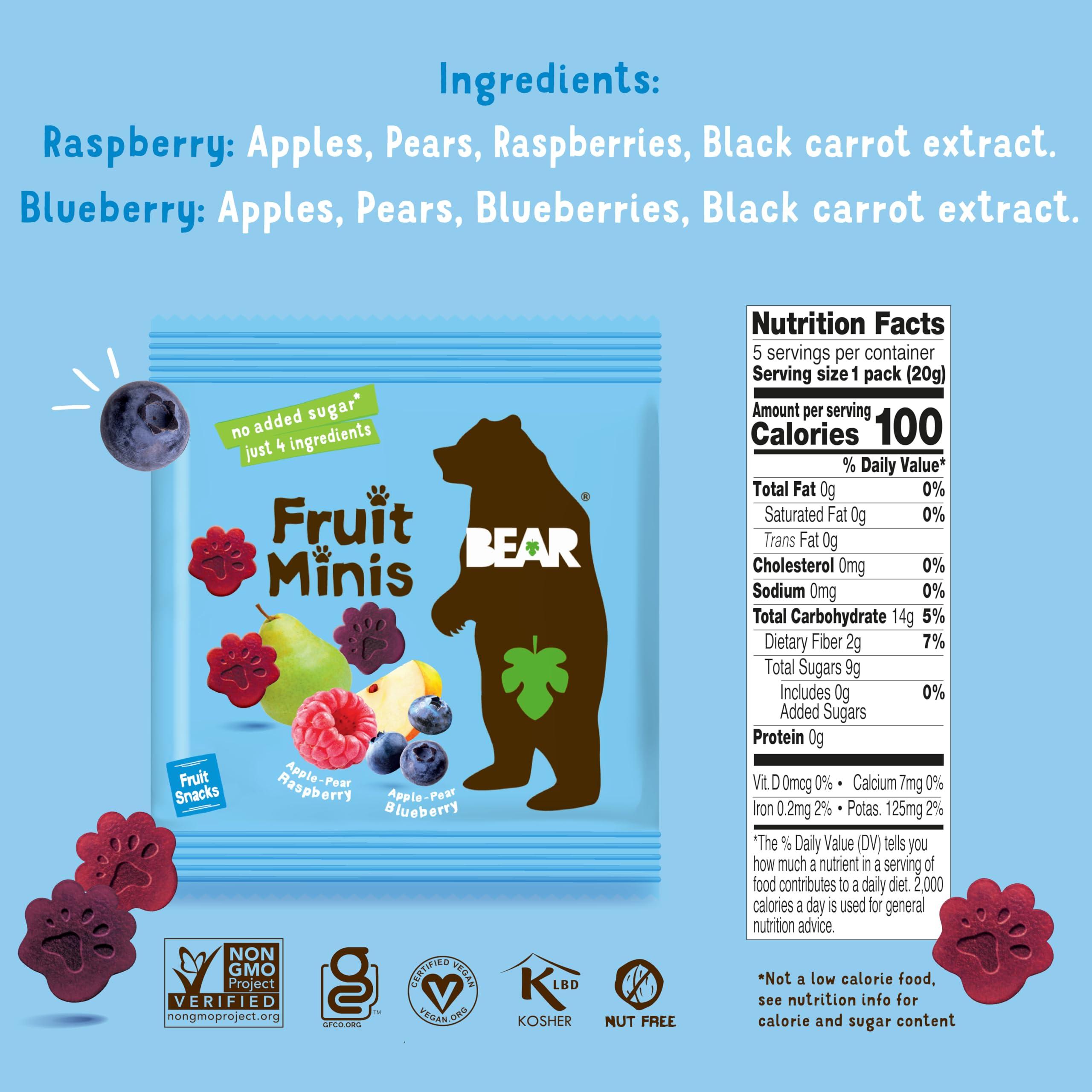 BEAR BEAR Fruit Snack Minis Bite-Sized Snacks For Kids - Gluten Free, Vegan, Non-GMO - Raspberry/Blueberry 0.7oz (1 Count)