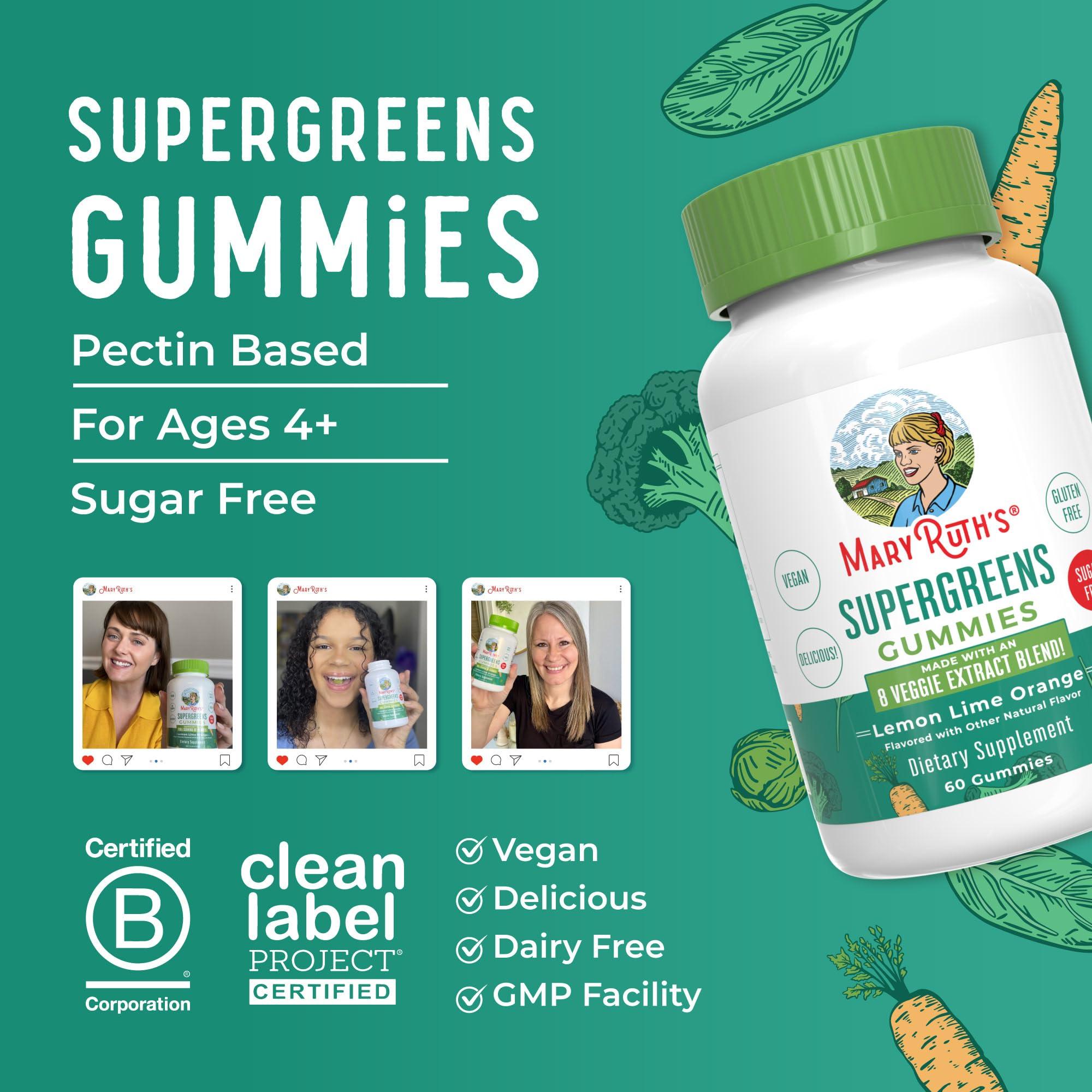 MaryRuth Organics MaryRuth Organics Super Greens Gummies | Naturally-Occurring Quercetin for Adults and Kids Ages 4+ | Sugar Free | 2g Fiber Per Serving | Vegan | No Gelatin | Pectin Based | 60 Count | 30 Servings
