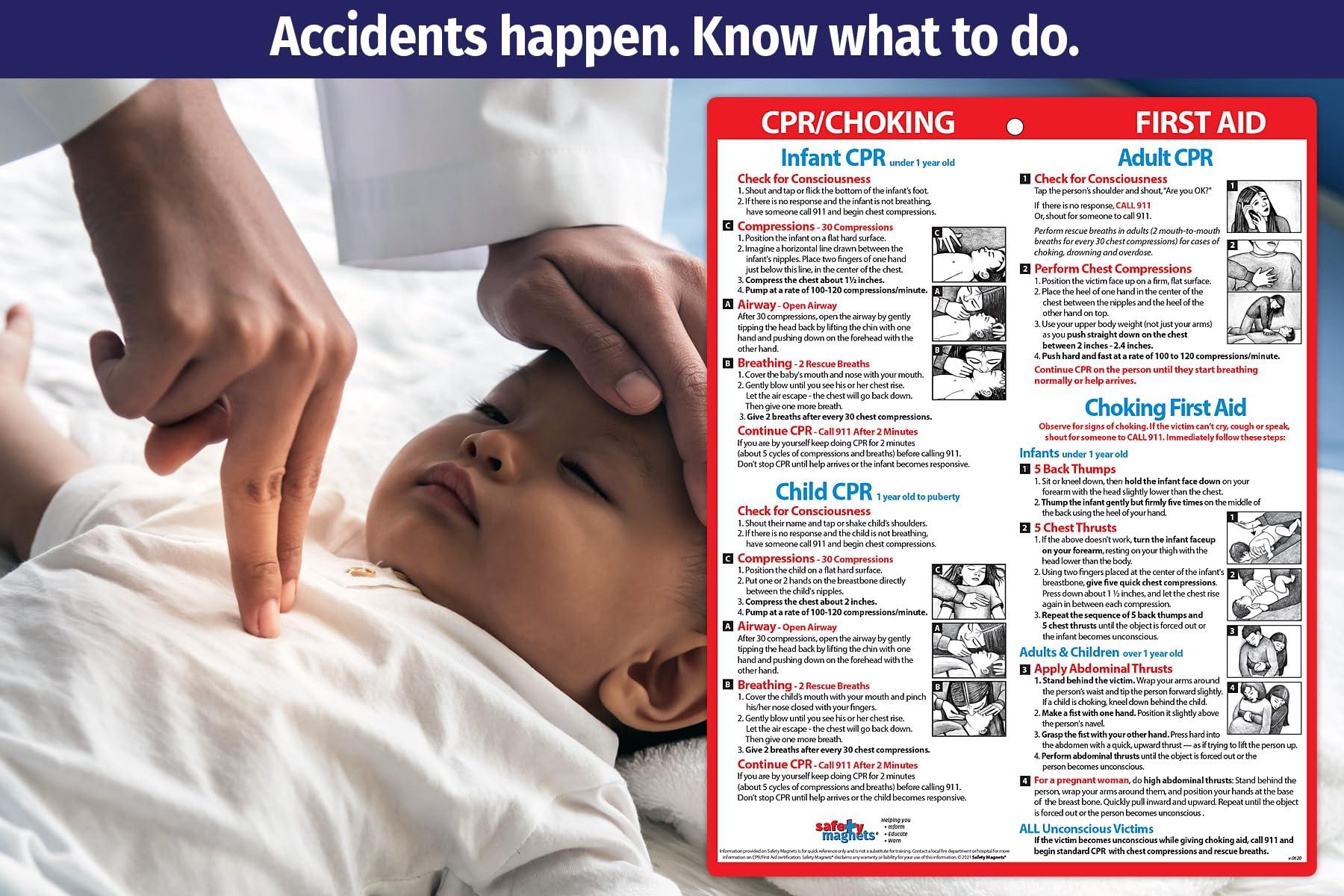 Safety Magnets CPR & Choking First Aid Magnet  Emergency Instructions for Babies, Children, & Adults  Laminated Heimlich Maneuver Chart with Magnetic Back  8.5 x 11 Inches