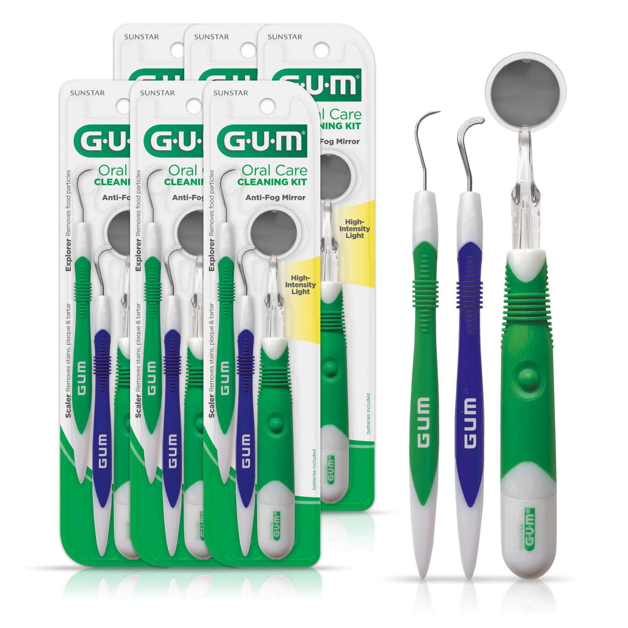 GUM GUM Oral Care Dental Cleaning Kit, Dental Mirror with Light, Explorer Pick, and Dental Scaler, Professional Quality Stainless Steel Dental Tools, Easy-Grip Handle (6pk)