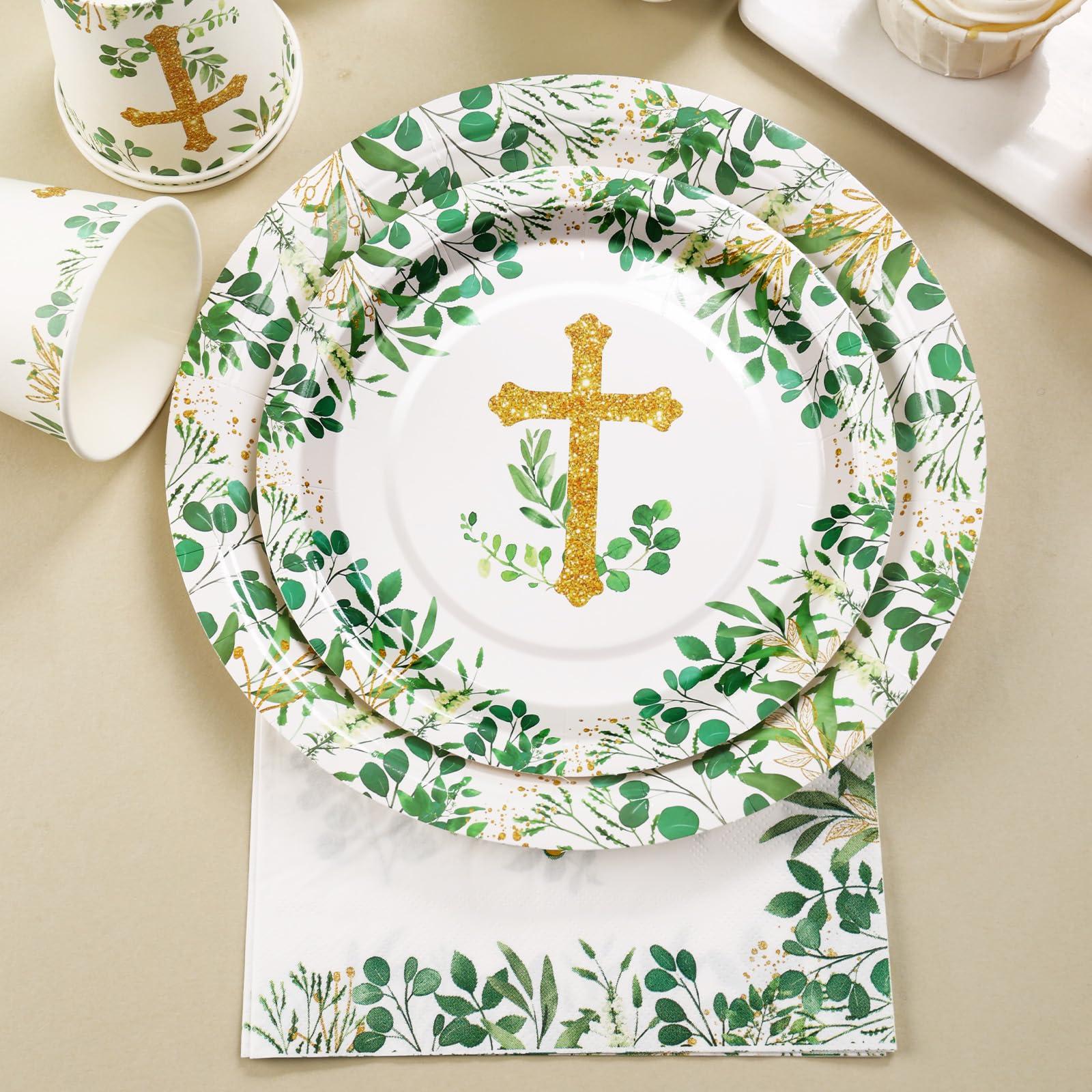 joy akkess 175 PCS Baptism Plates and Napkins Party Supplies - Baptism Decorations for Boys - God Bless Disposable Paper Plates First Communion Plates for Christening Baby Shower Party Decorations