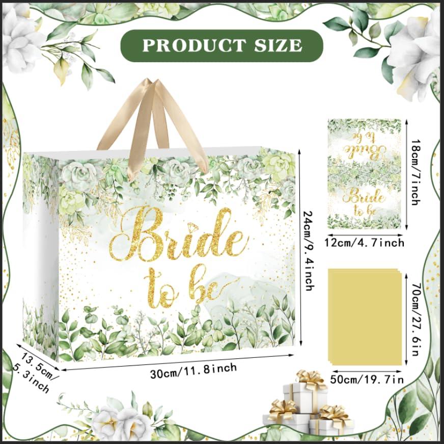Woosytoo Bride Gift Bag Sage Green Bridal Shower Gift Bags with Cards Tissue Paper Large Bridal Gift Wrapping Bag Bachelorette Engagement Wedding Shower Gift Bag for Sage Green Christmas Bride to Be Party Decoration