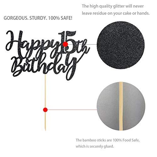 MAGJUCHE 15 Black Glitter Happy 15th Birthday Cake Topper, Birthday Party Cake Topper Decorations, Supplies