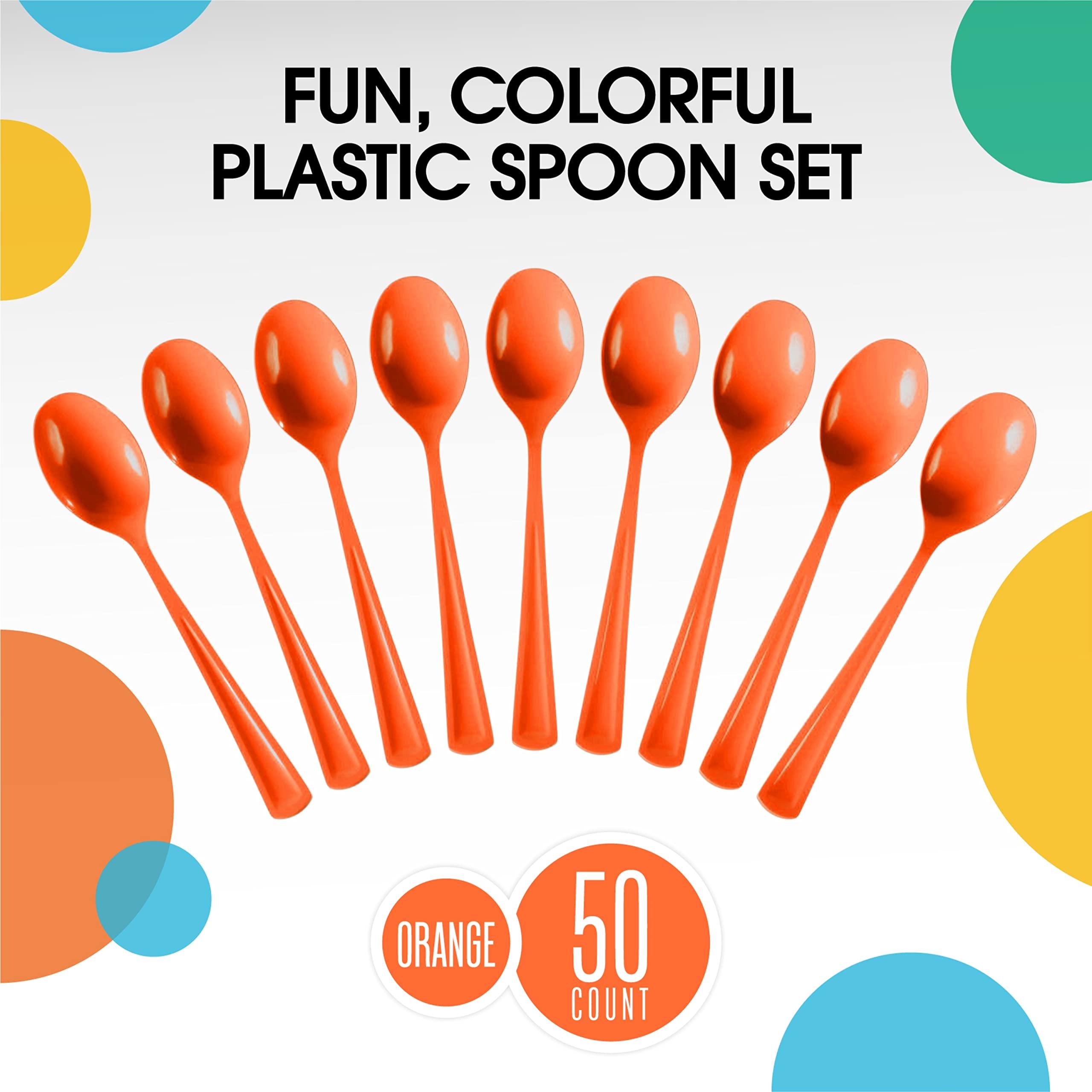 Exquisite Disposable Orange Plastic Spoons 50 Pcs - Heavy Duty Orange Plastic Disposable Cutlery - Orange Disposable Flatware, Orange Plastic Silverware, Plastic Spoons Orange Exquisite